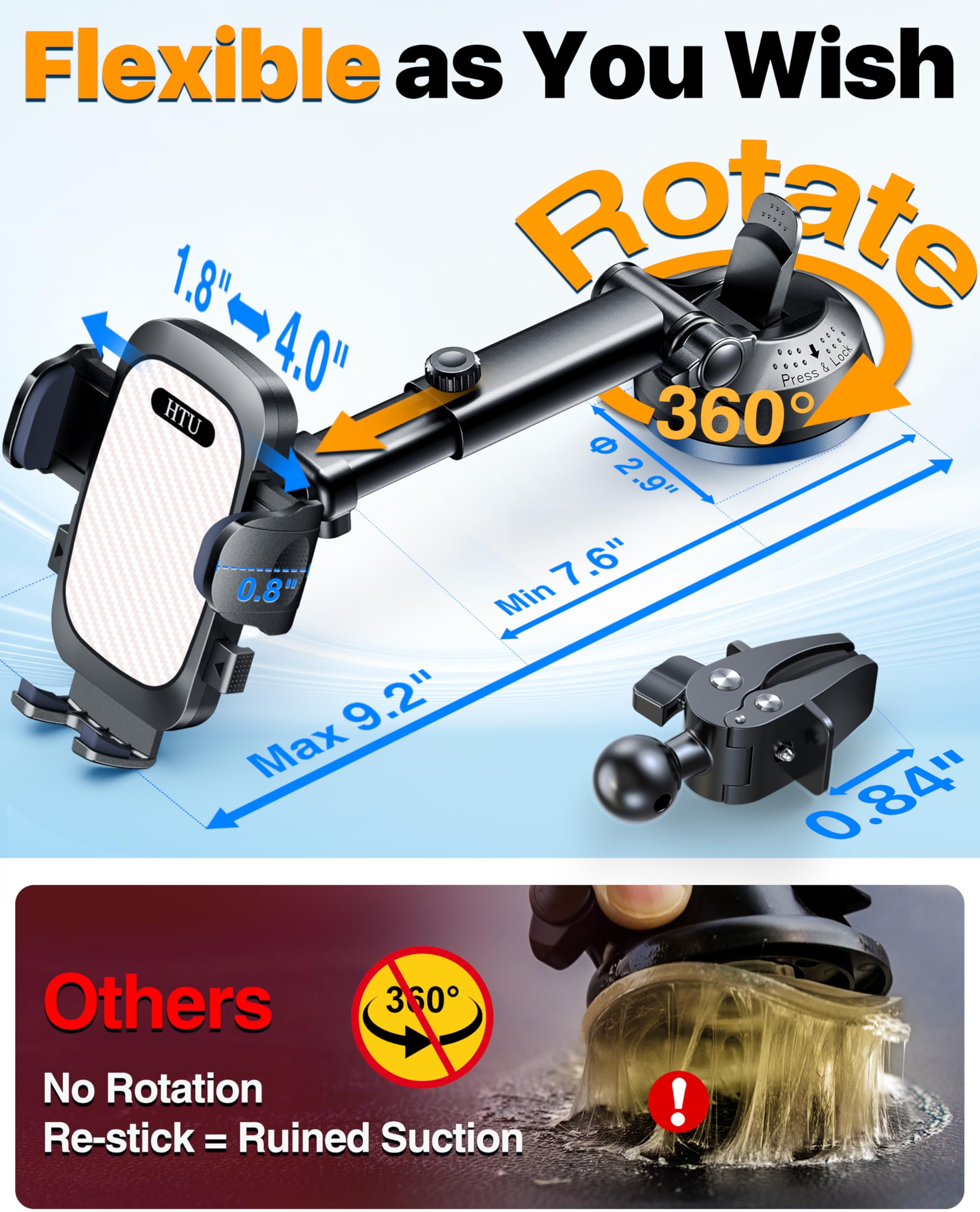 HTU 2026 Best Car Phone Holder 【Ultimate 5-in-1 & Upgraded 100+LBS Strongest Suction】【True Military-Grade & Safety Cert】 360° Windshield Dashboard Vent Mount Stand for iPhone Android & Truck, Black