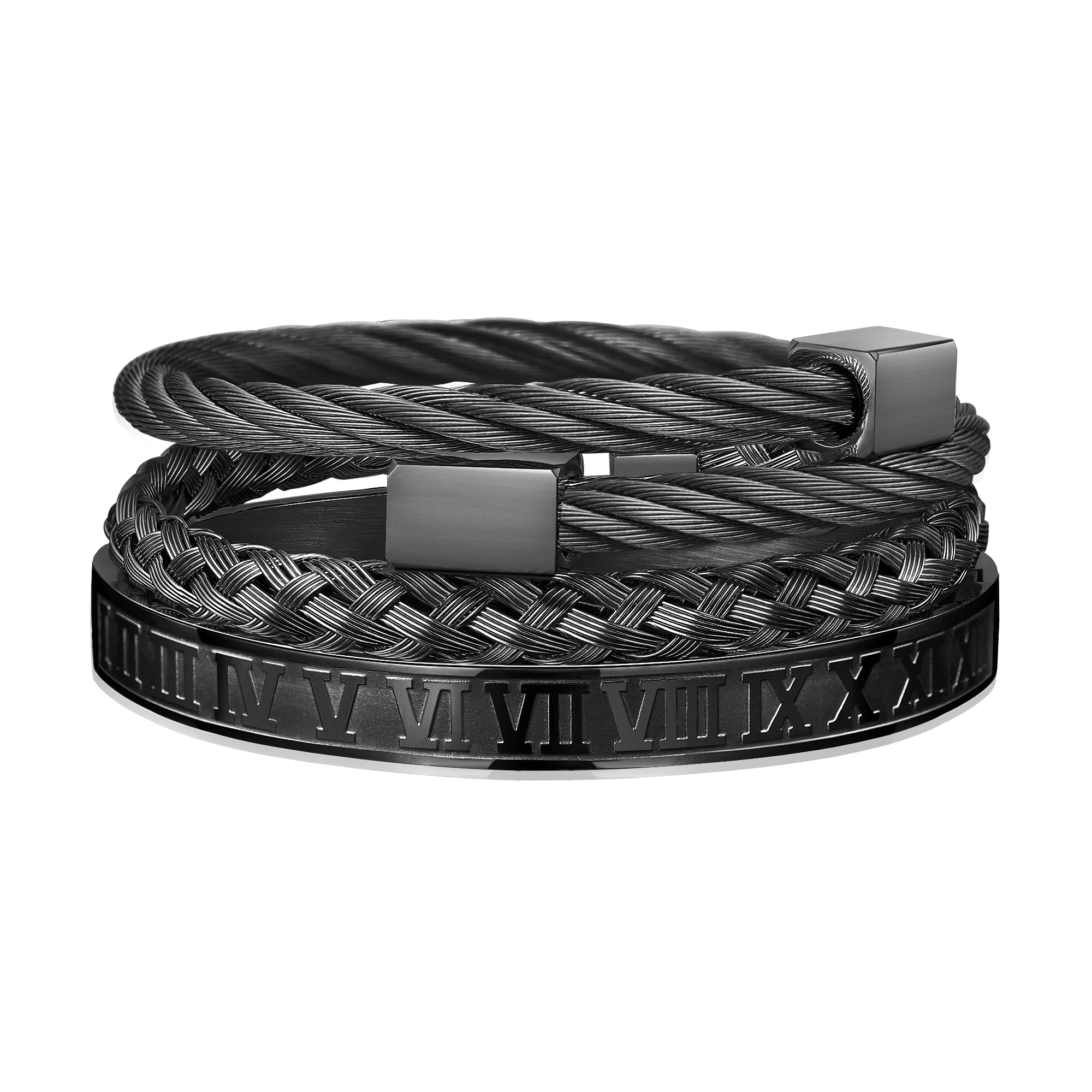 WFYOU 3PCS Stainless Steel Bracelets for Men Gold Roman Numeral Bangle Bracelet Twisted Cable Bracelet Adjustable Cuff Bracelet Mens Luxury Jewelry Bracelets Gifts