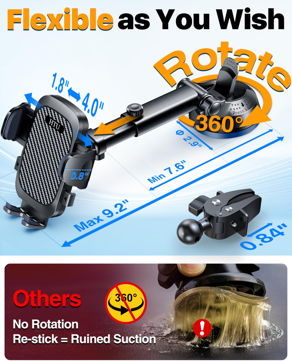 HTU 2026 Best Car Phone Holder 【Ultimate 5-in-1 & Upgraded 100+LBS Strongest Suction】【True Military-Grade & Safety Cert】 360° Windshield Dashboard Vent Mount Stand for iPhone Android & Truck, Black