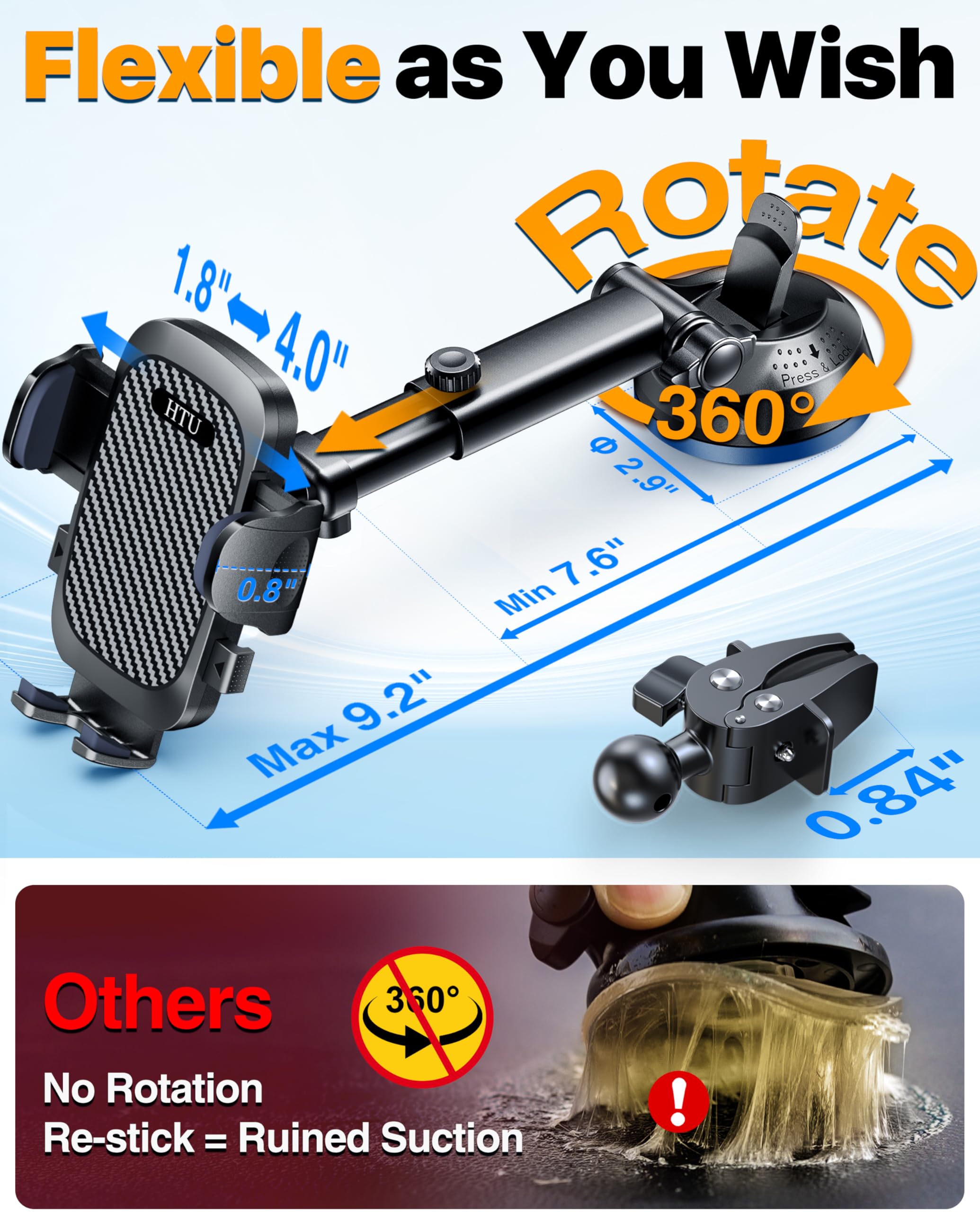 HTU 2026 Best Car Phone Holder 【Ultimate 5-in-1 & Upgraded 100+LBS Strongest Suction】【True Military-Grade & Safety Cert】 360° Windshield Dashboard Vent Mount Stand for iPhone Android & Truck, Black