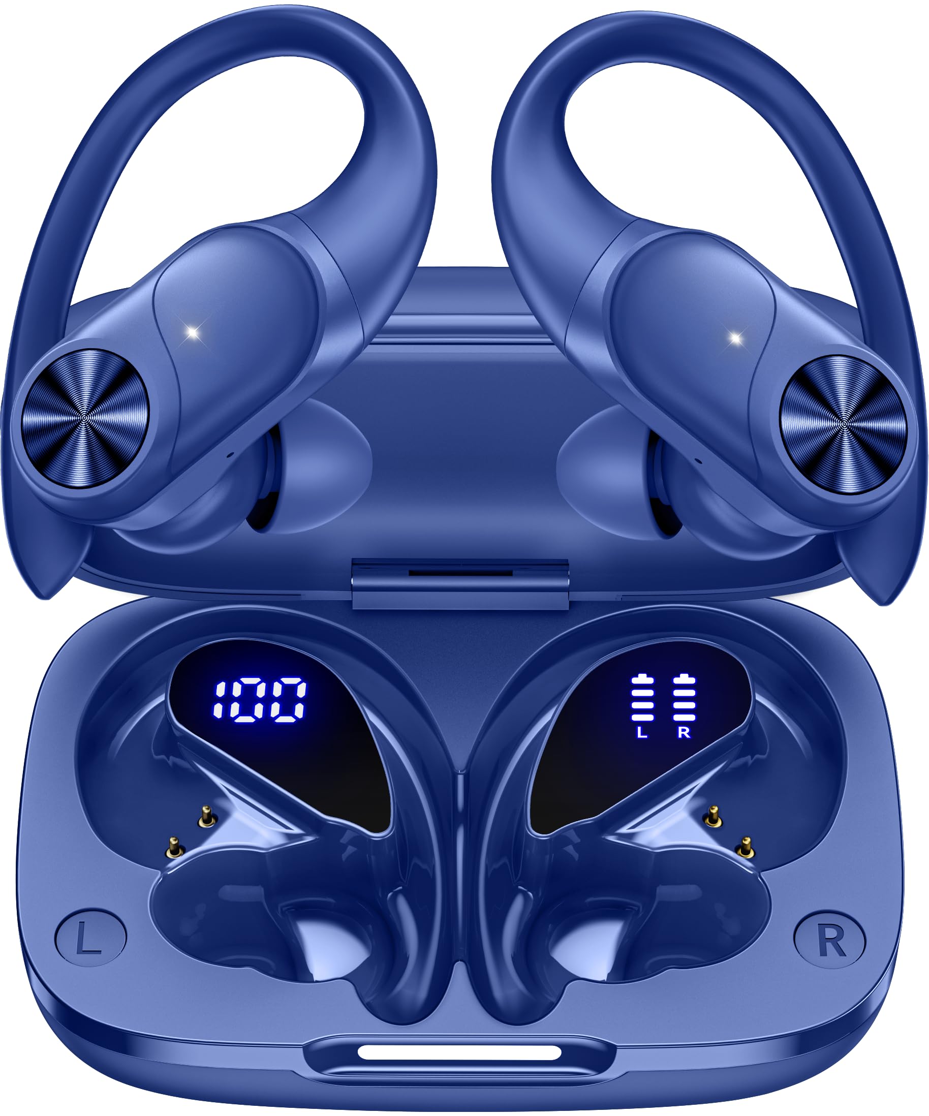 PocBuds Bluetooth Headphones Wireless Earbuds 80hrs Playtime Wireless Charging Case Digital Display Sports Ear Buds with Earhook Deep Bass IPX7 Waterproof Over-Ear Earphones for TV Phone Laptop Black