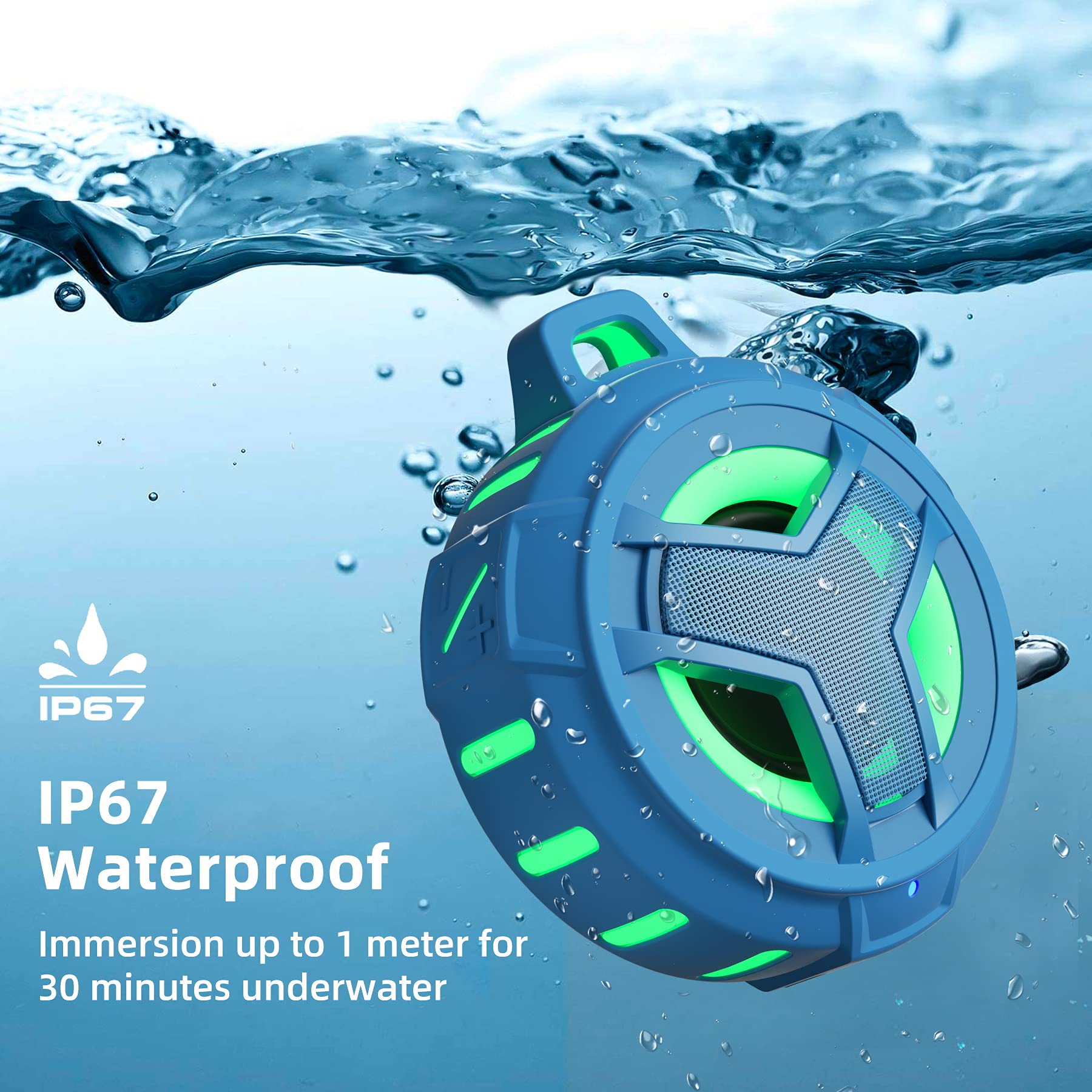 EBODA Bluetooth Shower Speaker, Portable Bluetooth Speakers, IP67 Waterproof Wireless Speaker with LED Light, Floating, 2000mAh, True Wireless Stereo for Kayak, Beach, Gifts for unisex -Black