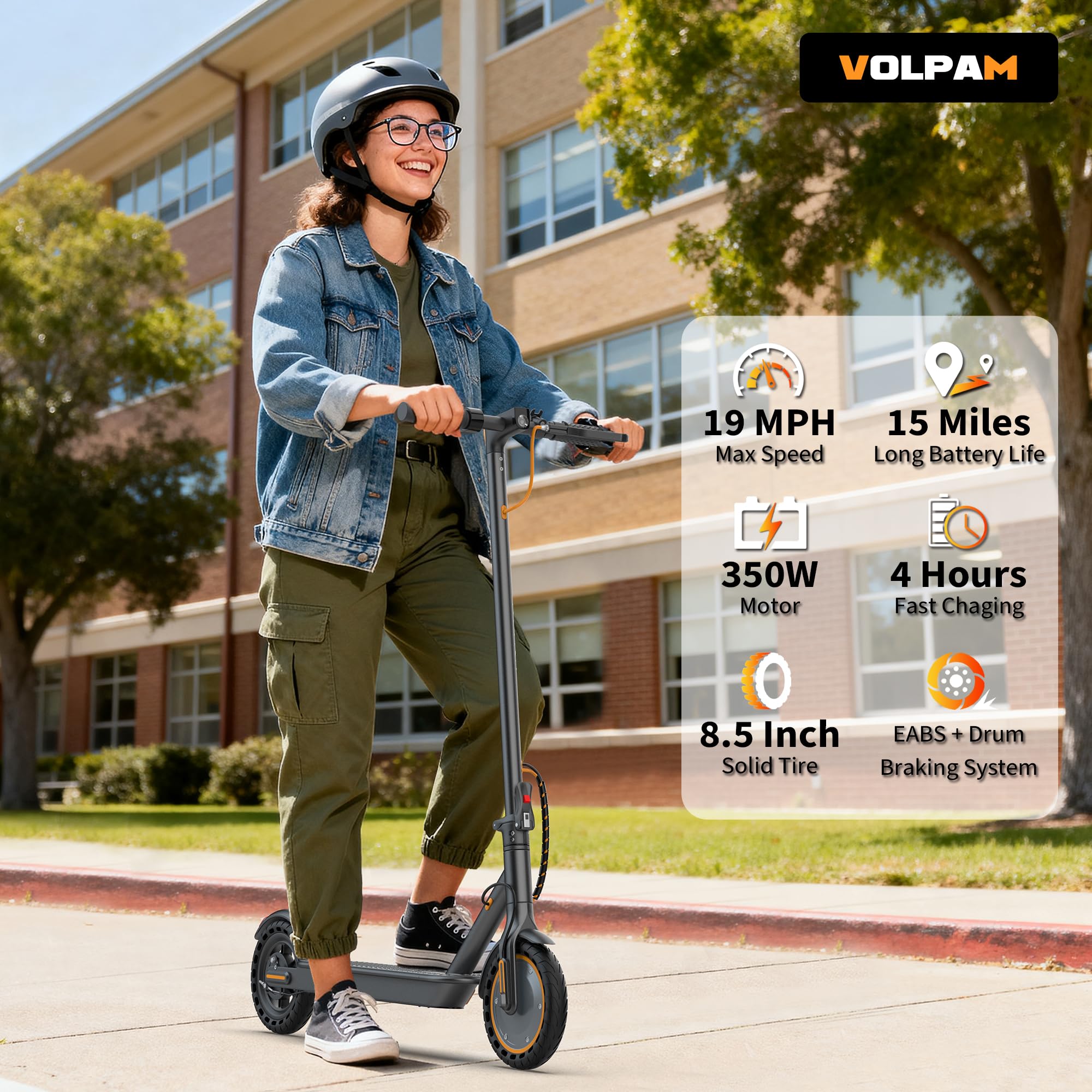 VOLPAM Electric Scooter, 350W/500W Powerful Motor, 8.5"/10" Solid Tires, 19/22Mph, 28/23/21/16 Miles Max Range, Dual Braking