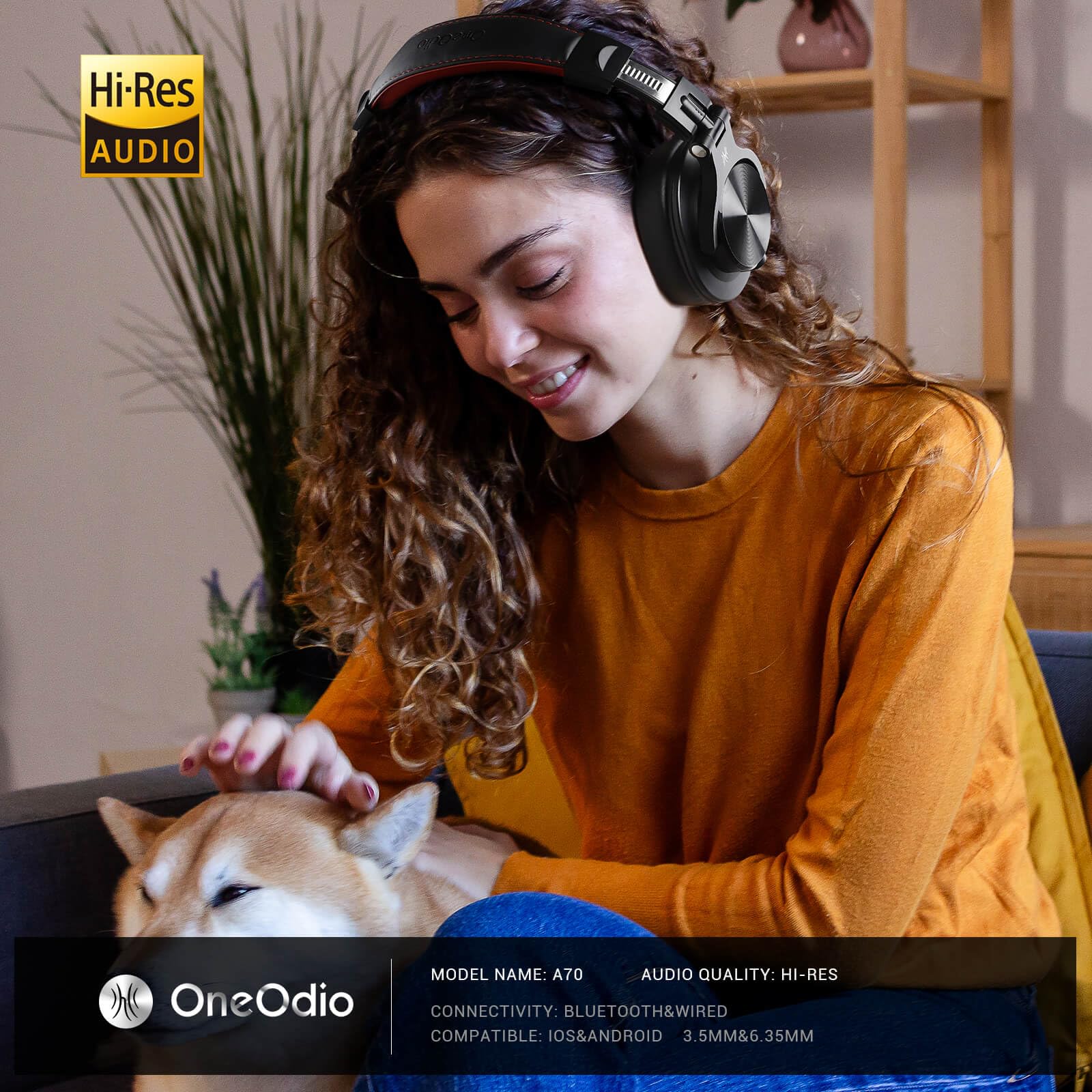 OneOdio A70 Bluetooth Over Ear Headphones, Wireless Headphones with 72H Playtime, Hi-Res, Built-in Mic, 3.5mm/6.35mm Wired Audio Jack for Studio Monitor & Mixing DJ Guitar AMP, Computer Laptop PC