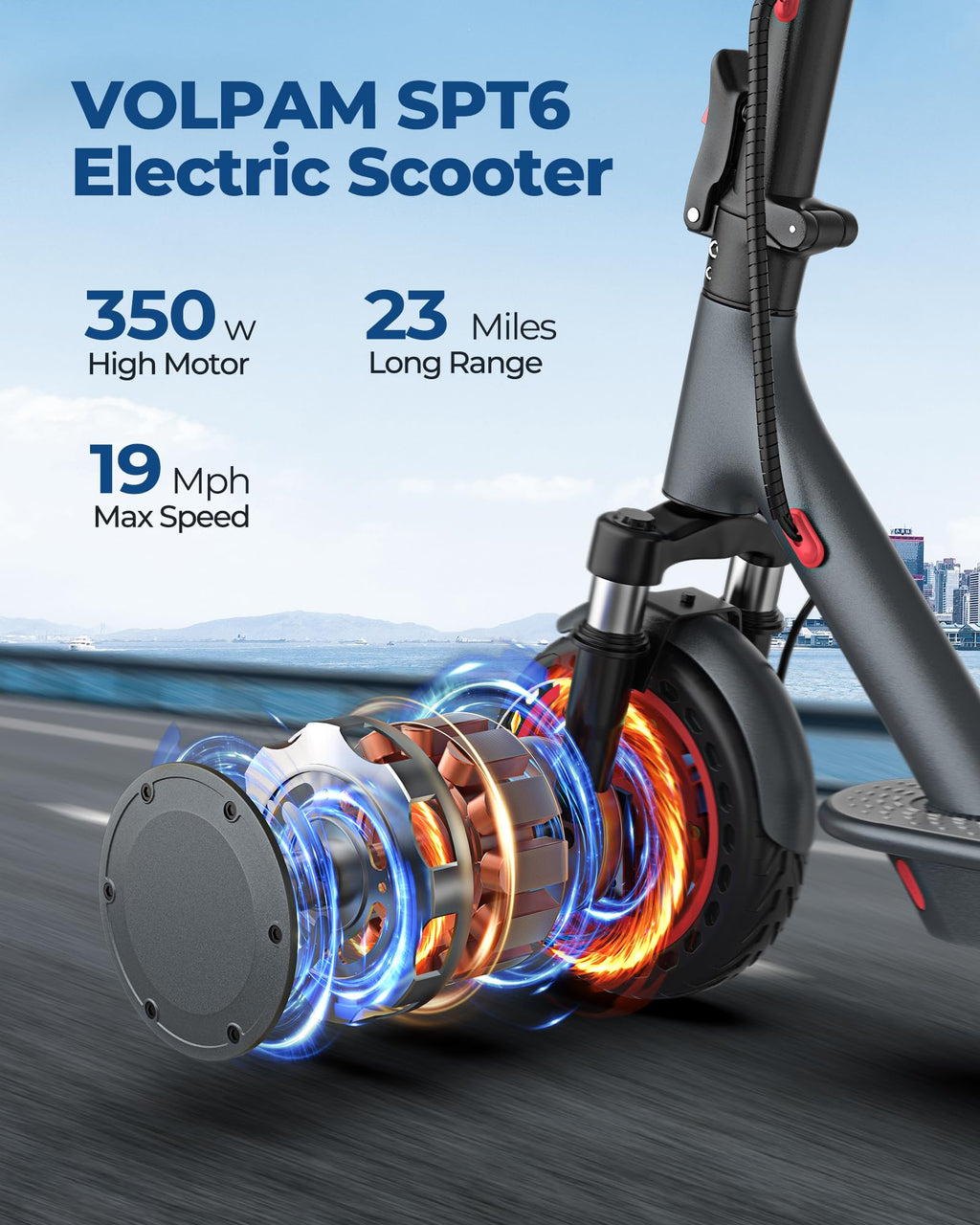 VOLPAM Electric Scooter, 350W/500W Powerful Motor, 8.5"/10" Solid Tires, 19/22Mph, 28/23/21/16 Miles Max Range, Dual Braking
