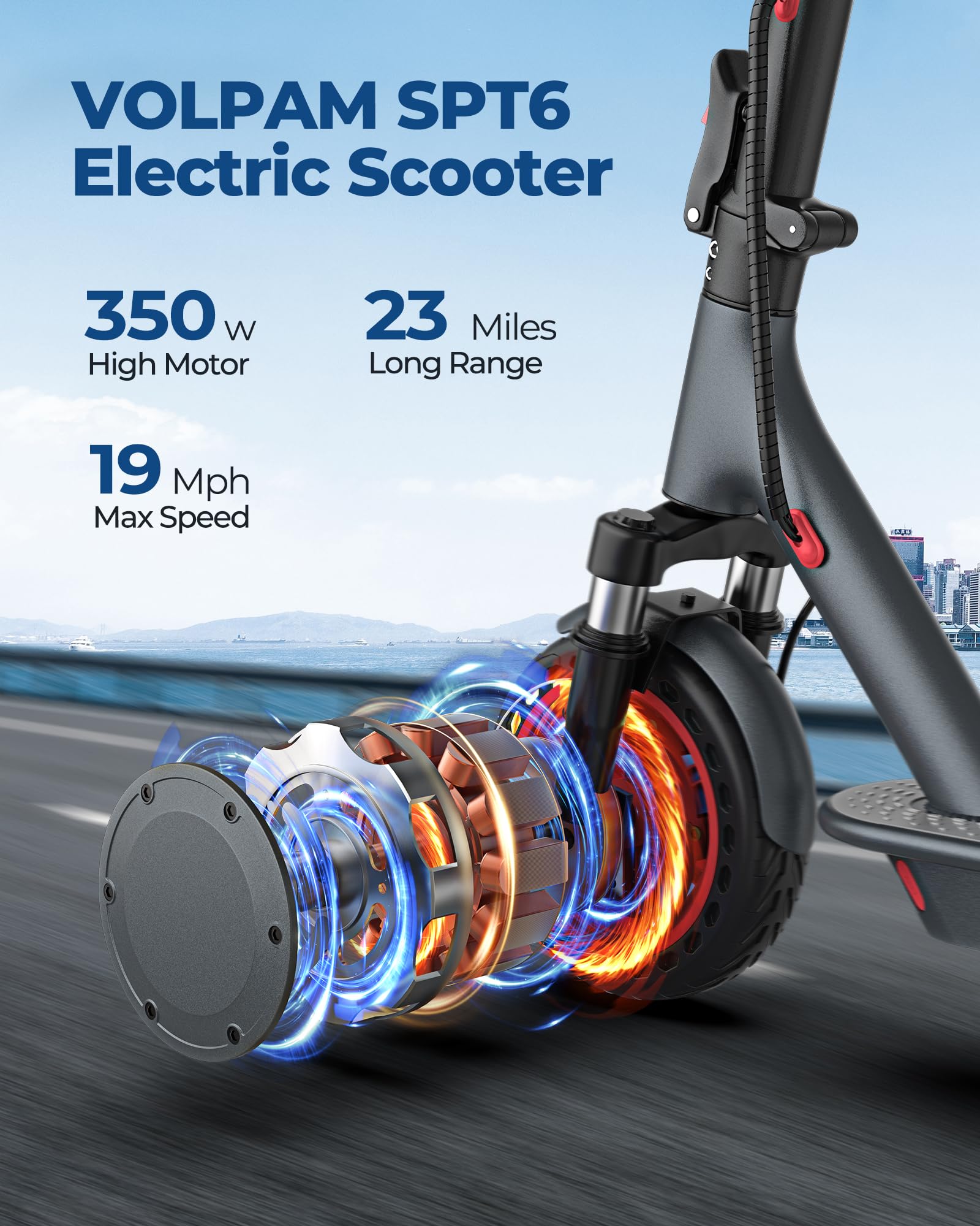 VOLPAM Electric Scooter, 350W/500W Powerful Motor, 8.5"/10" Solid Tires, 19/22Mph, 28/23/21/16 Miles Max Range, Dual Braking
