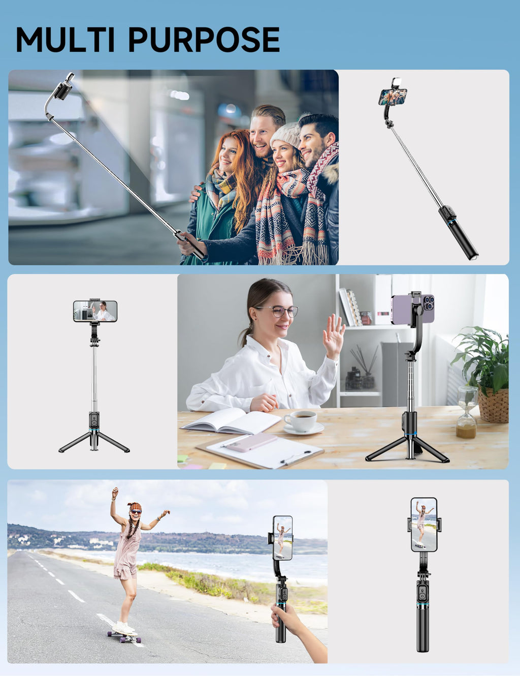 Selfie Stick, 41'' Extendable Phone Tripod Stand with Phone Holder & Detachable Remote, 360° Rotation Selfie Stick Tripod for Cell Phone Compatible with iPhone, Android, Samsung