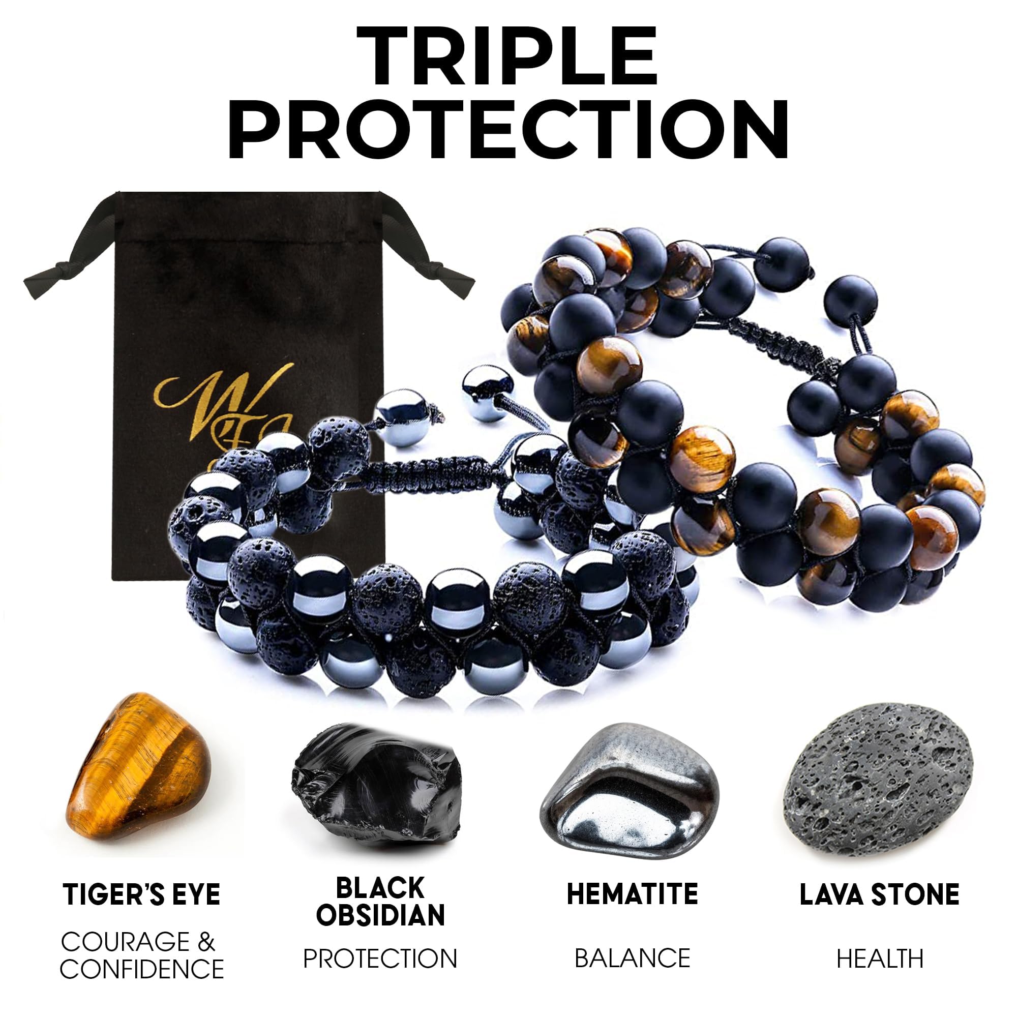 WFJ Black Obsidian Hematite Triple Protection Bracelets Set - Tiger Eye Beaded Natural Stone Bracelet for Men Women Gemstone (10MM)