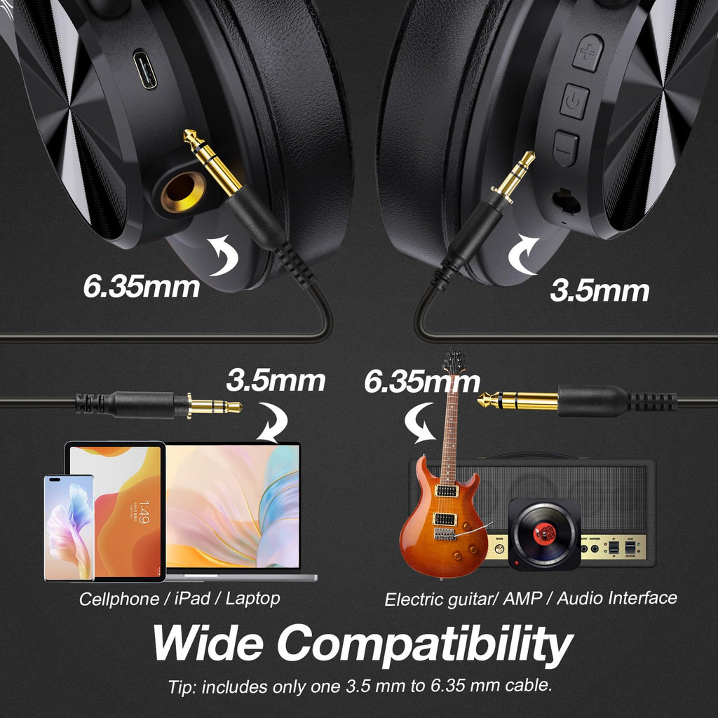 OneOdio A70 Bluetooth Over Ear Headphones, Wireless Headphones with 72H Playtime, Hi-Res, Built-in Mic, 3.5mm/6.35mm Wired Audio Jack for Studio Monitor & Mixing DJ Guitar AMP, Computer Laptop PC