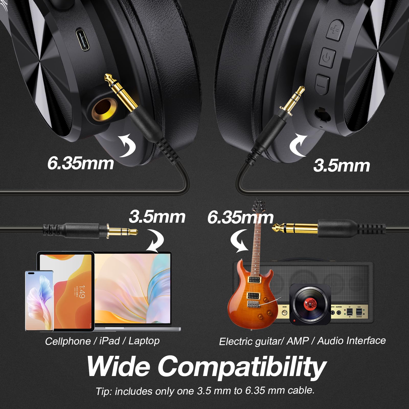 OneOdio A70 Bluetooth Over Ear Headphones, Wireless Headphones with 72H Playtime, Hi-Res, Built-in Mic, 3.5mm/6.35mm Wired Audio Jack for Studio Monitor & Mixing DJ Guitar AMP, Computer Laptop PC