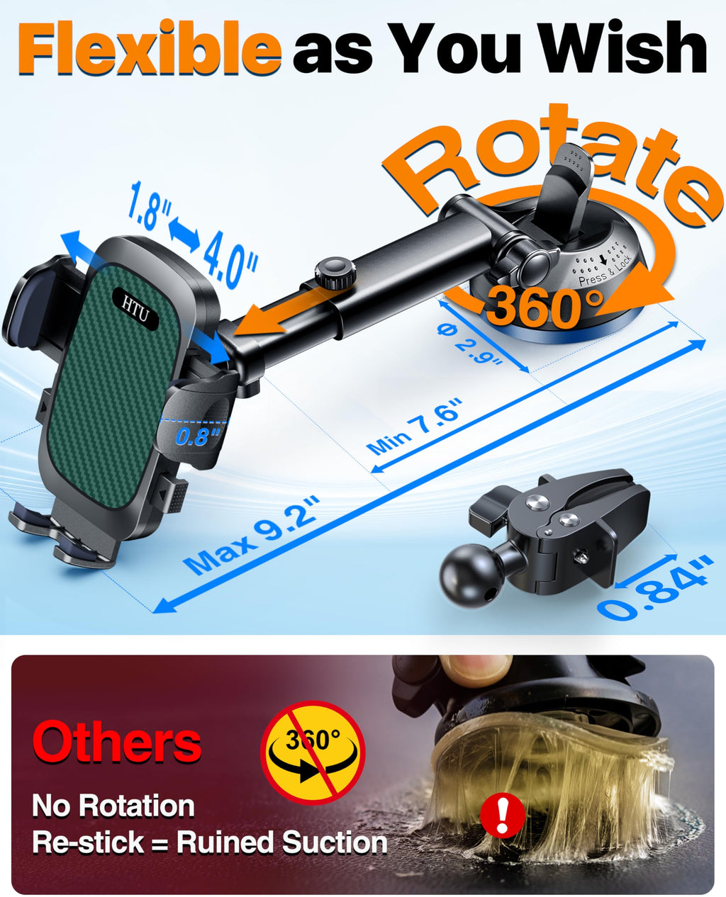 HTU 2026 Best Car Phone Holder 【Ultimate 5-in-1 & Upgraded 100+LBS Strongest Suction】【True Military-Grade & Safety Cert】 360° Windshield Dashboard Vent Mount Stand for iPhone Android & Truck, Black