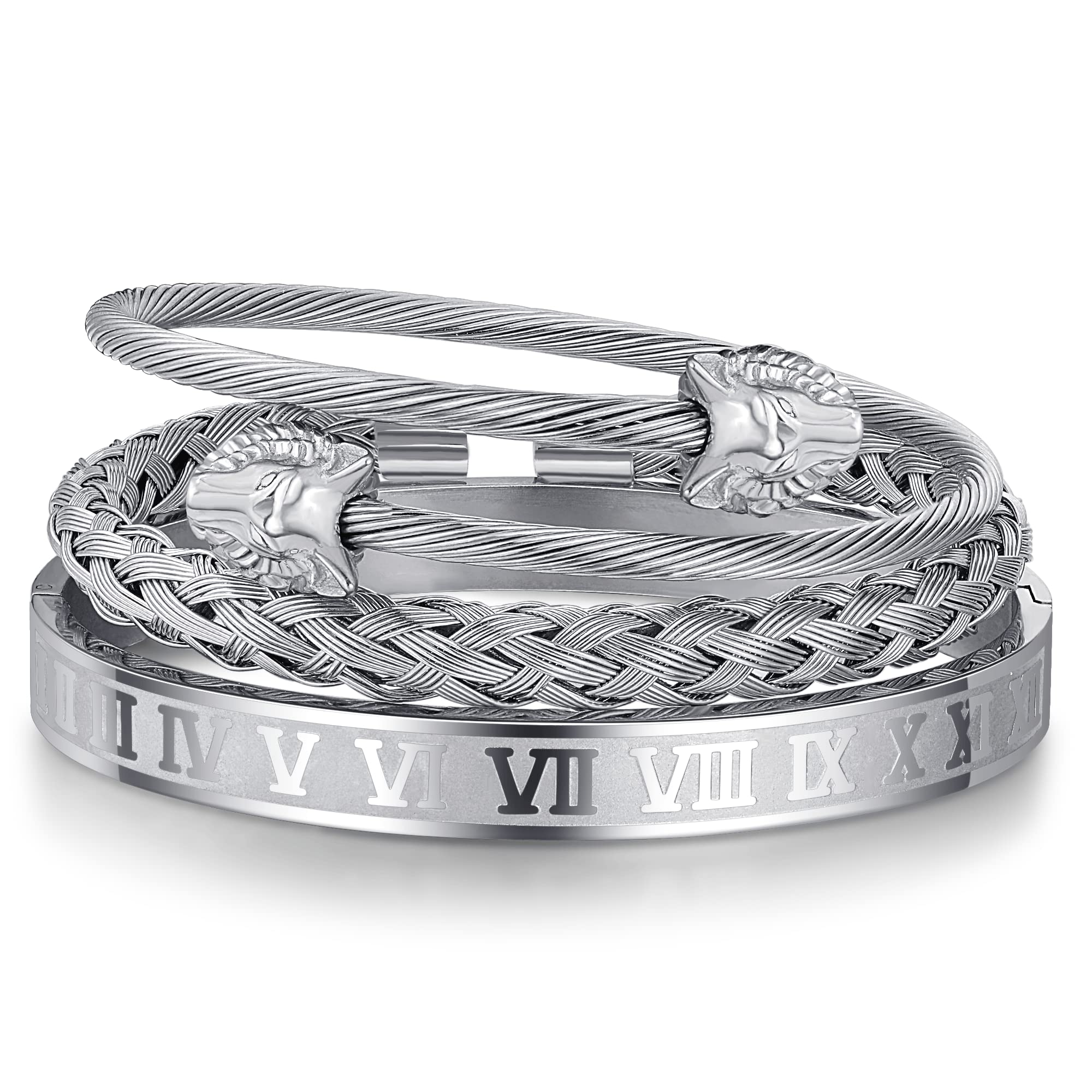 WFYOU 3PCS Stainless Steel Bracelets for Men Gold Roman Numeral Bangle Bracelet Twisted Cable Bracelet Adjustable Cuff Bracelet Mens Luxury Jewelry Bracelets Gifts