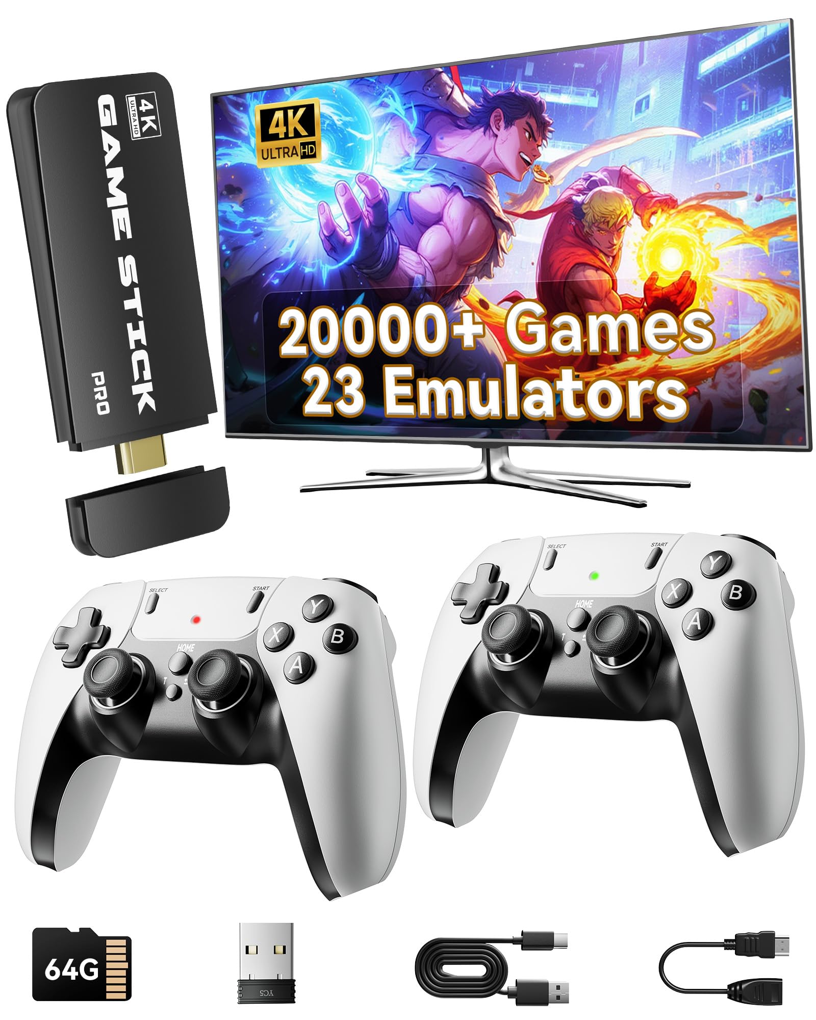 2025 Retro Gaming Console Pro 4K HDMI with 20,000+ Built-in Classic Video Games, Retro Game Stick with 23 Emulators Plug & Play TV Video Gaming Stick with 64GB Memory