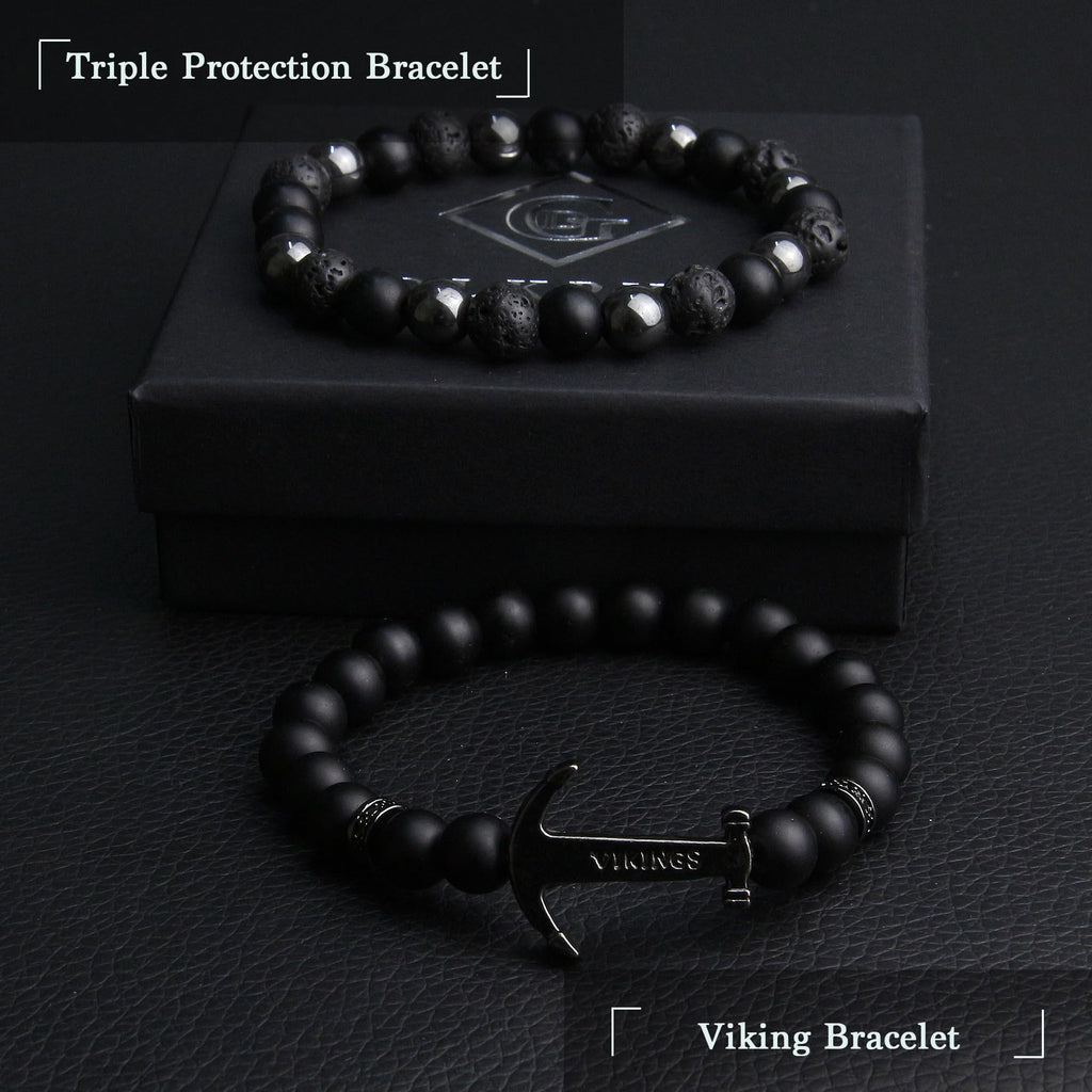 Black Obsidian Bracelet for Men - Black Tourmaline Beaded Bracelets - Mens Bracelet Set 8MM Black Onyx Hematite Lava Stone Beads Triple Protection Bracelet for Men Women Gifts