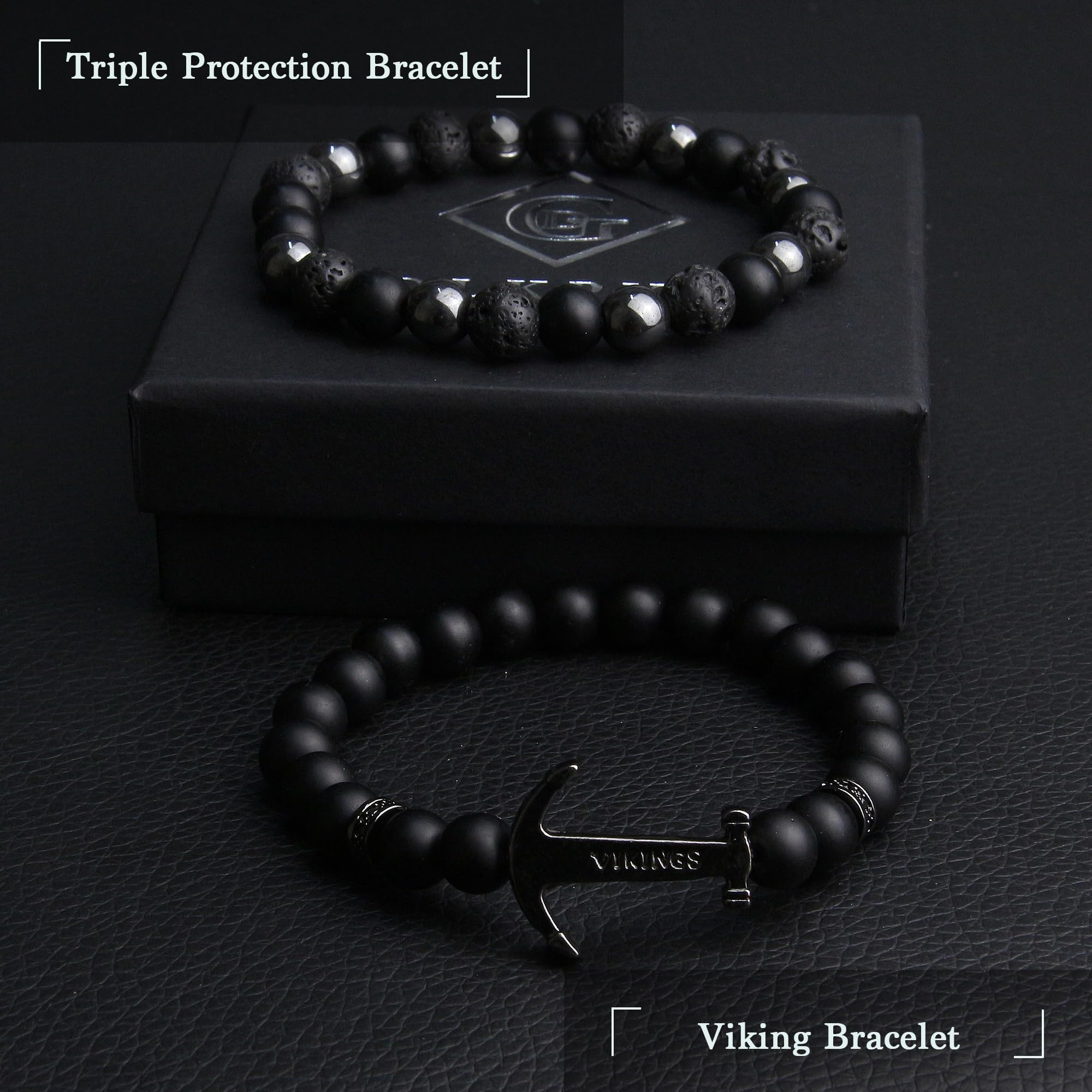 Black Obsidian Bracelet for Men - Black Tourmaline Beaded Bracelets - Mens Bracelet Set 8MM Black Onyx Hematite Lava Stone Beads Triple Protection Bracelet for Men Women Gifts