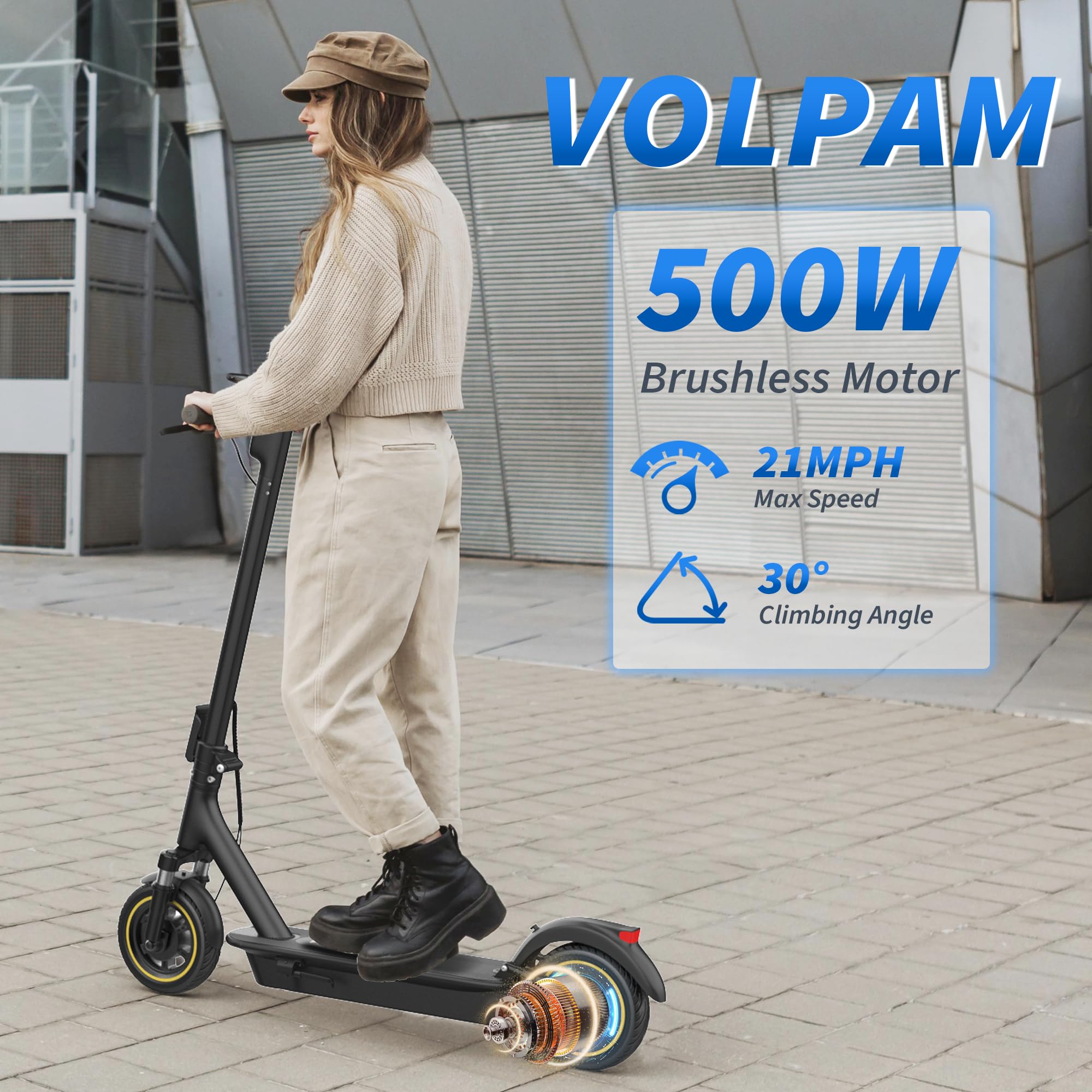 VOLPAM Electric Scooter, 350W/500W Powerful Motor, 8.5"/10" Solid Tires, 19/22Mph, 28/23/21/16 Miles Max Range, Dual Braking