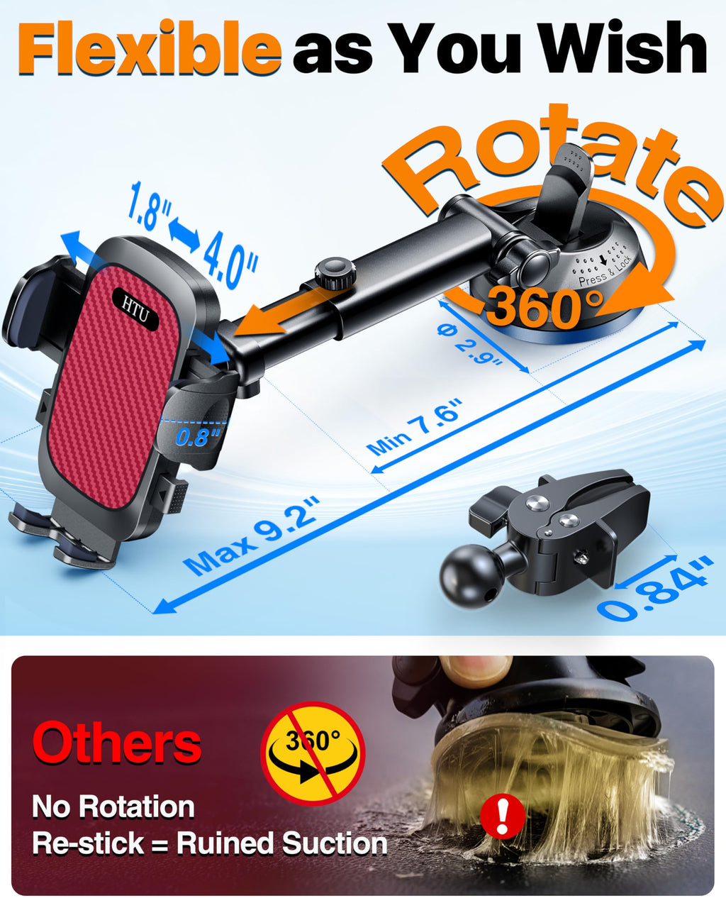 HTU 2026 Best Car Phone Holder 【Ultimate 5-in-1 & Upgraded 100+LBS Strongest Suction】【True Military-Grade & Safety Cert】 360° Windshield Dashboard Vent Mount Stand for iPhone Android & Truck, Black