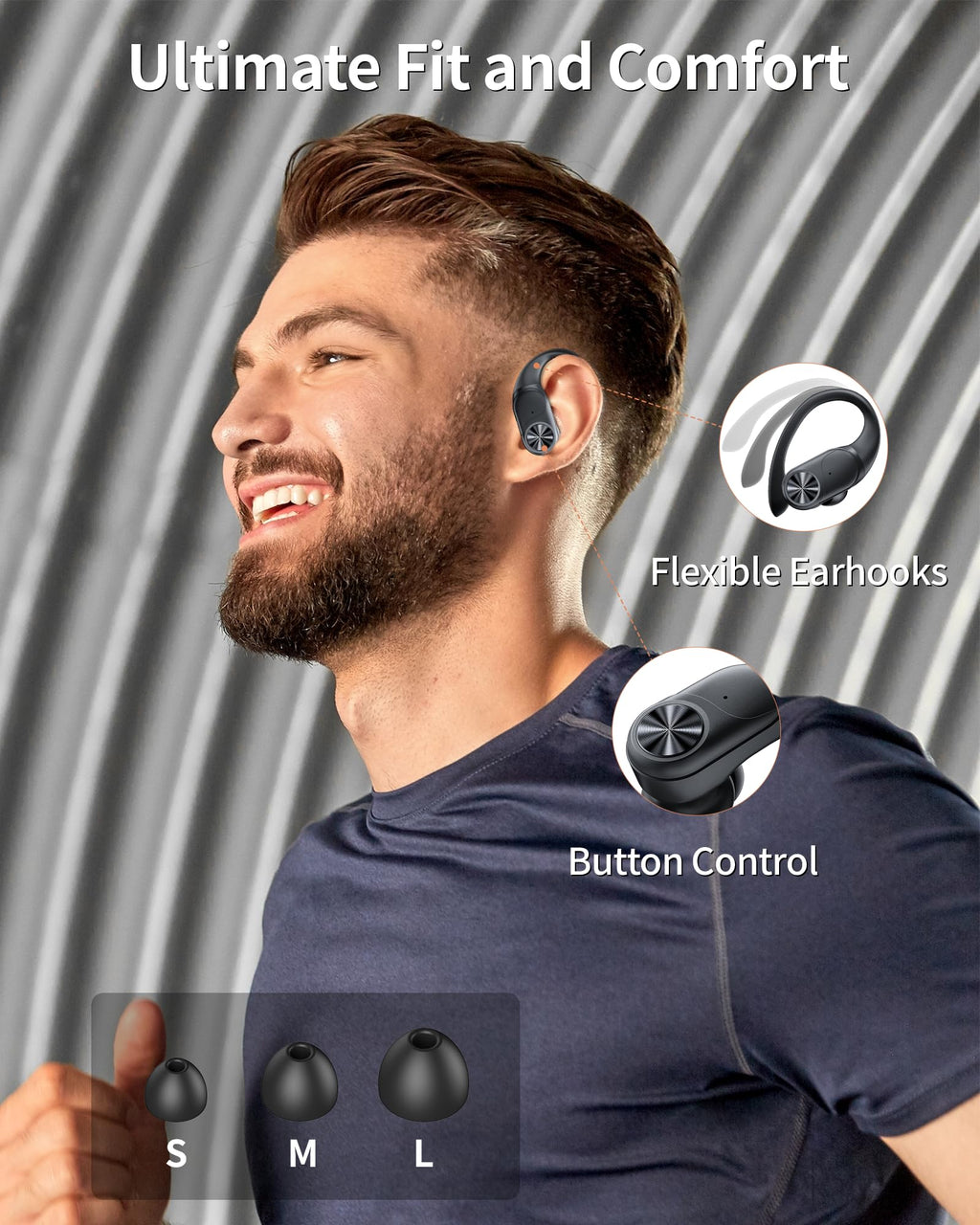 PocBuds Bluetooth Headphones Wireless Earbuds 80hrs Playtime Wireless Charging Case Digital Display Sports Ear Buds with Earhook Deep Bass IPX7 Waterproof Over-Ear Earphones for TV Phone Laptop Black