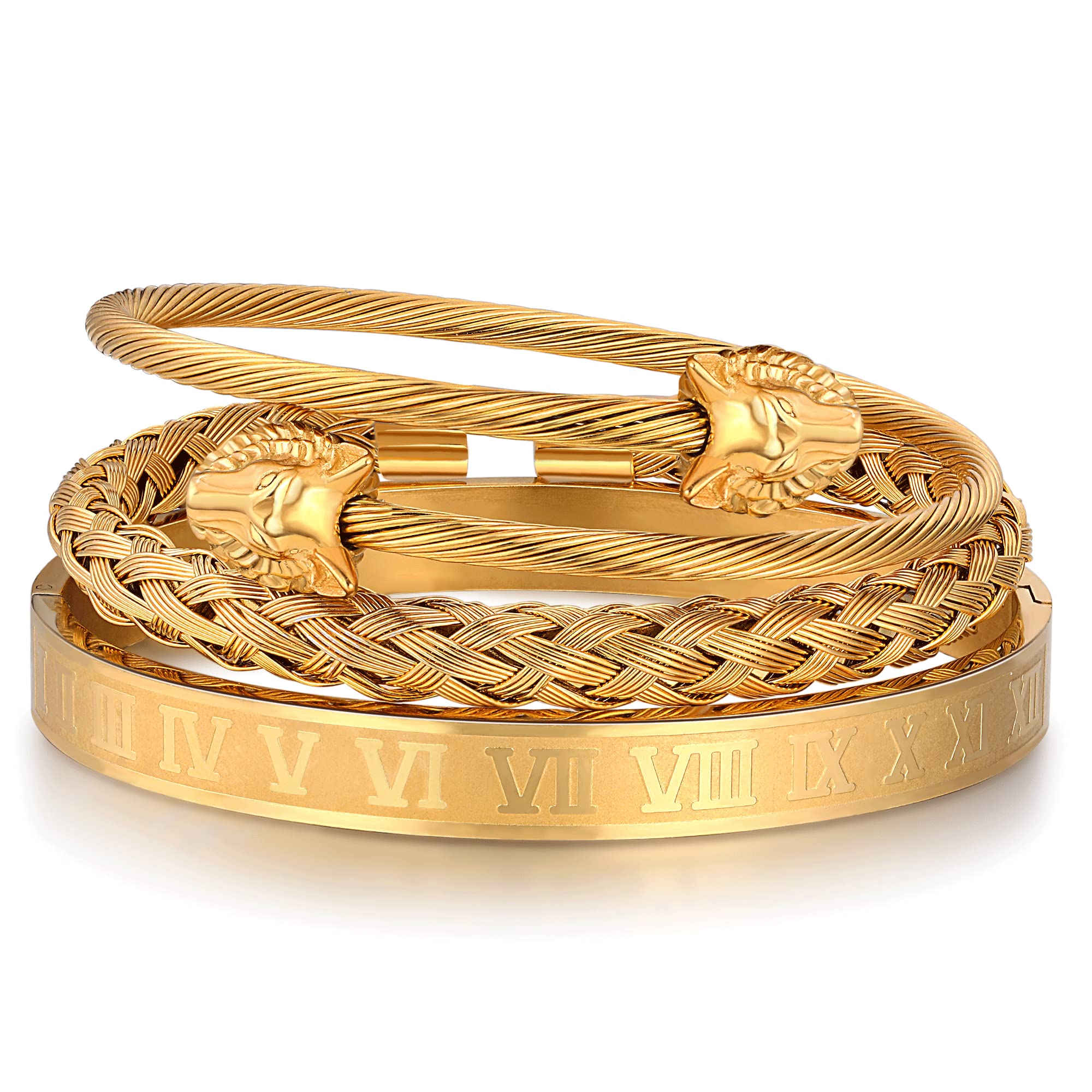 WFYOU 3PCS Stainless Steel Bracelets for Men Gold Roman Numeral Bangle Bracelet Twisted Cable Bracelet Adjustable Cuff Bracelet Mens Luxury Jewelry Bracelets Gifts
