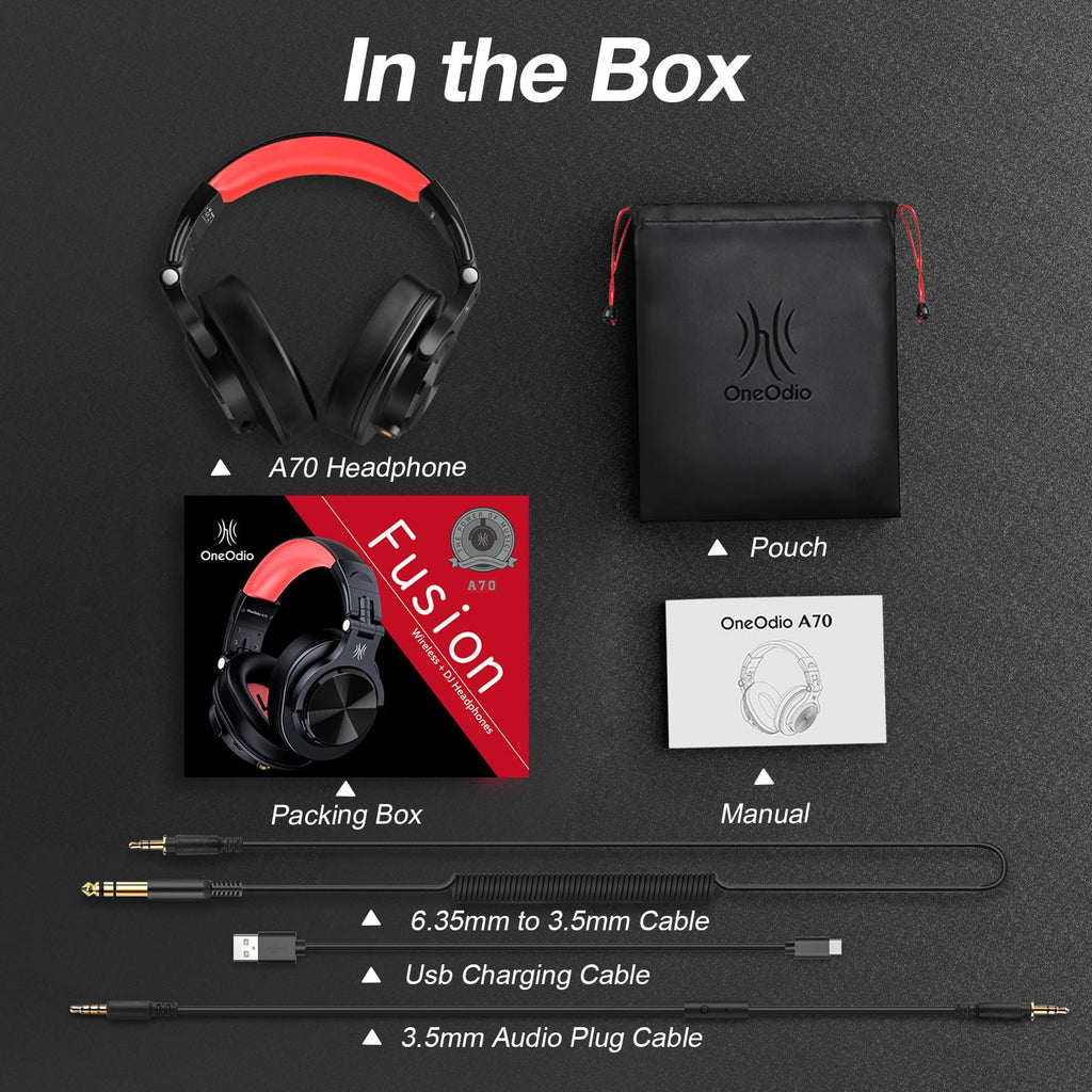 OneOdio A70 Bluetooth Over Ear Headphones, Wireless Headphones with 72H Playtime, Hi-Res, Built-in Mic, 3.5mm/6.35mm Wired Audio Jack for Studio Monitor & Mixing DJ Guitar AMP, Computer Laptop PC