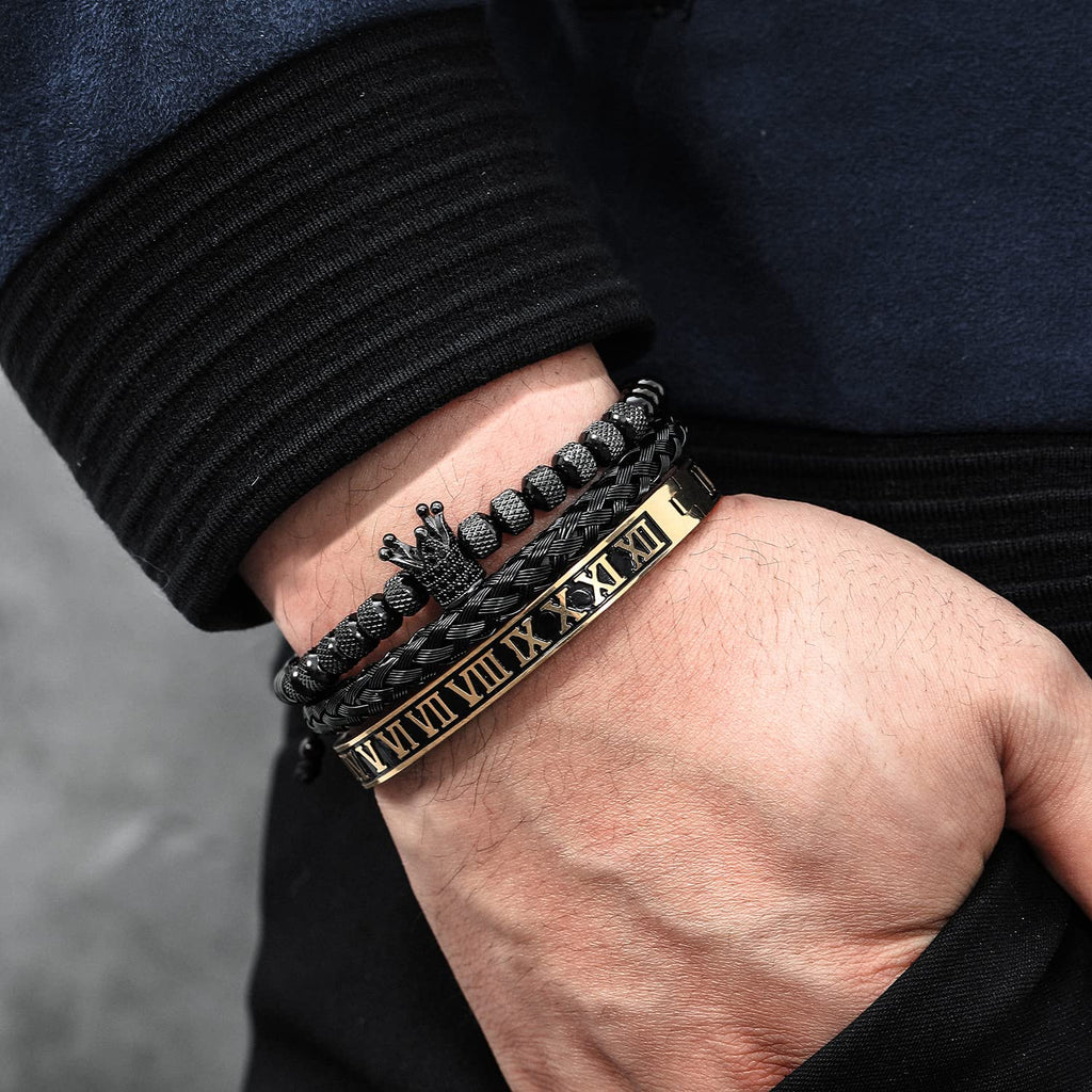 WFYOU 3PCS Stainless Steel Bracelets for Men Gold Roman Numeral Bangle Bracelet Twisted Cable Bracelet Adjustable Cuff Bracelet Mens Luxury Jewelry Bracelets Gifts