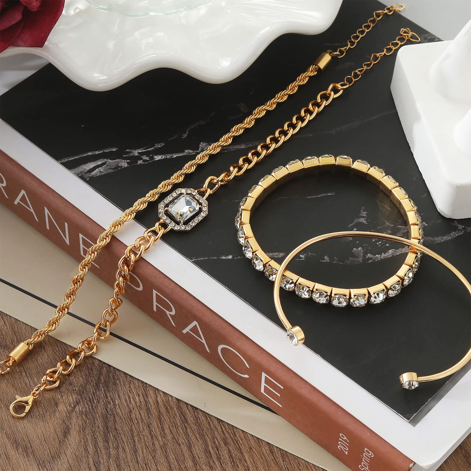 4 Pcs Dainty Gold Silver Bracelets Set for Women 14K Plated Link Cubic Zirconia Paperclip Stake Layering Chain Adjustable Trendy Hand Jewelry