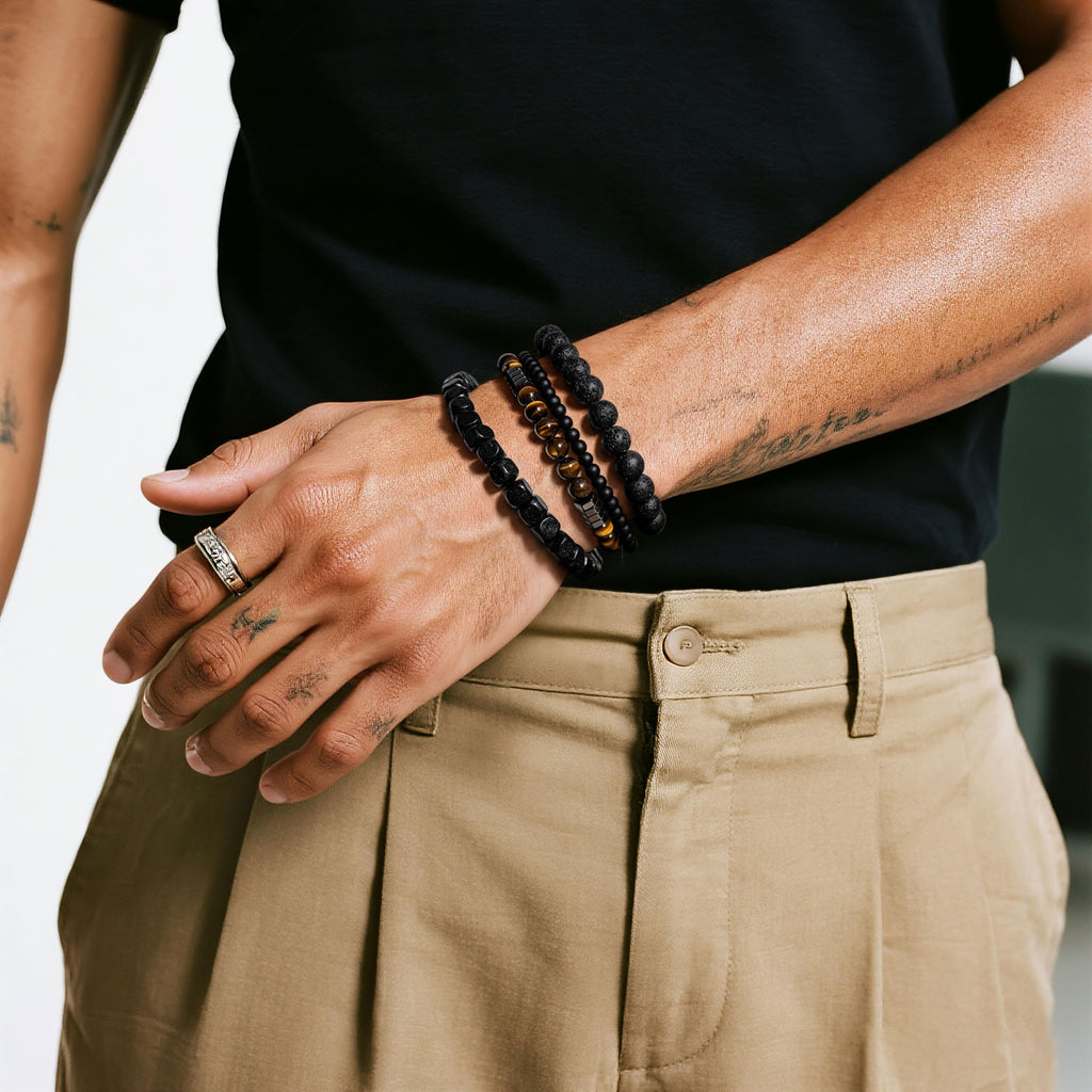 Men’s Bracelet Set Multi - Tiger Eye/Matte Agate/Lava Rock Gifts for Birthday/Anniversary/Christmas