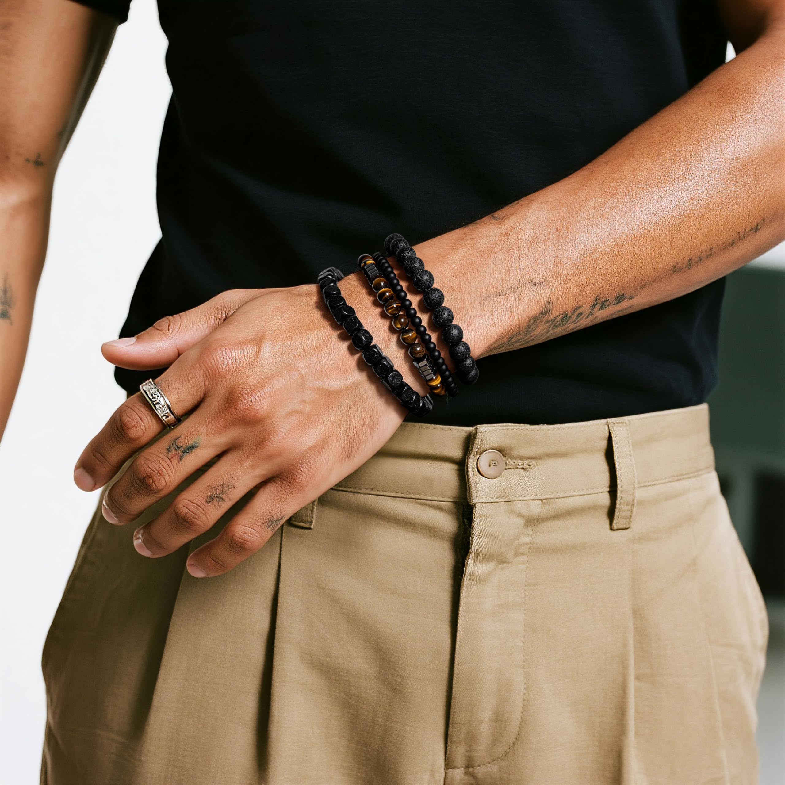 Men’s Bracelet Set Multi - Tiger Eye/Matte Agate/Lava Rock Gifts for Birthday/Anniversary/Christmas