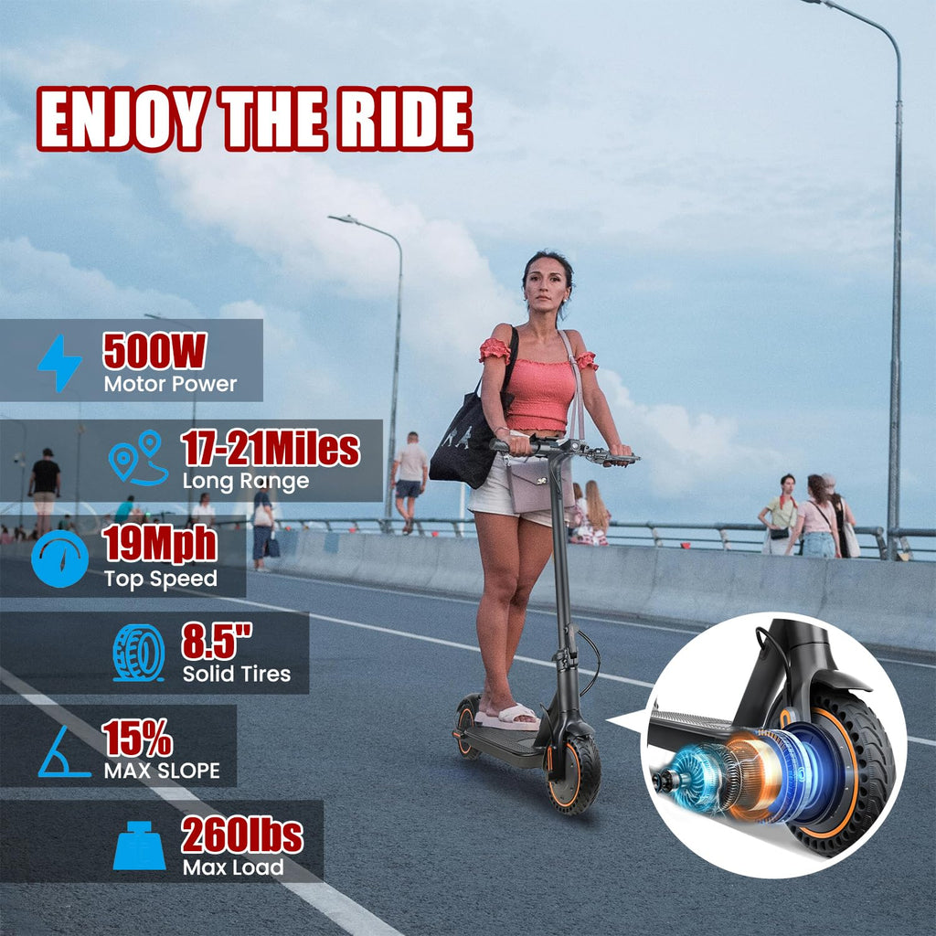 Electric Scooter for Adults, 8.5" Solid Tires, 350/500W Motor, 16/19MPH Max Speed & 12/21 Miles Range, Portable Foldable E-Scooter with Smart APP, Cruise Control, Dual-Brake System（Two Models）
