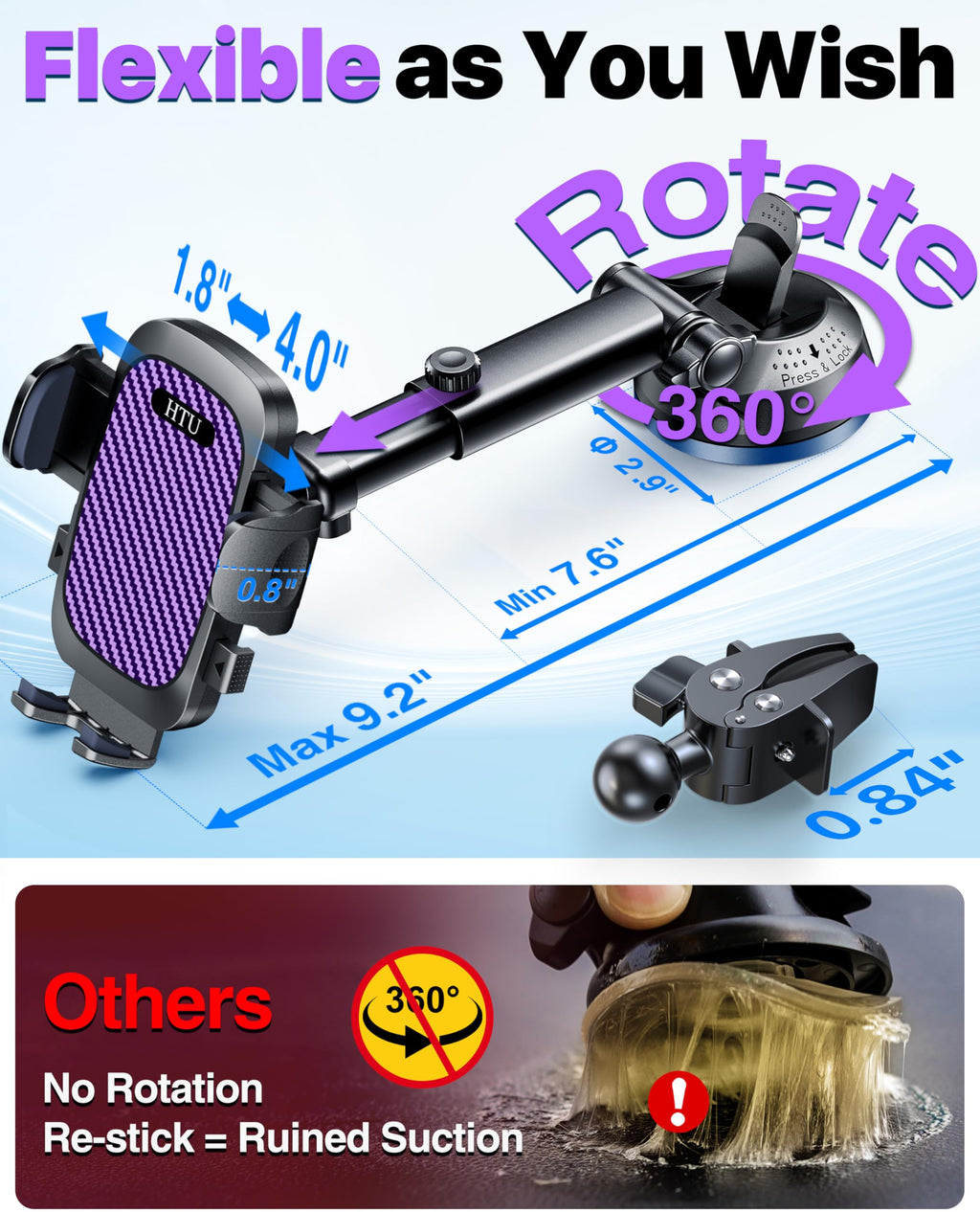 HTU 2026 Best Car Phone Holder 【Ultimate 5-in-1 & Upgraded 100+LBS Strongest Suction】【True Military-Grade & Safety Cert】 360° Windshield Dashboard Vent Mount Stand for iPhone Android & Truck, Black