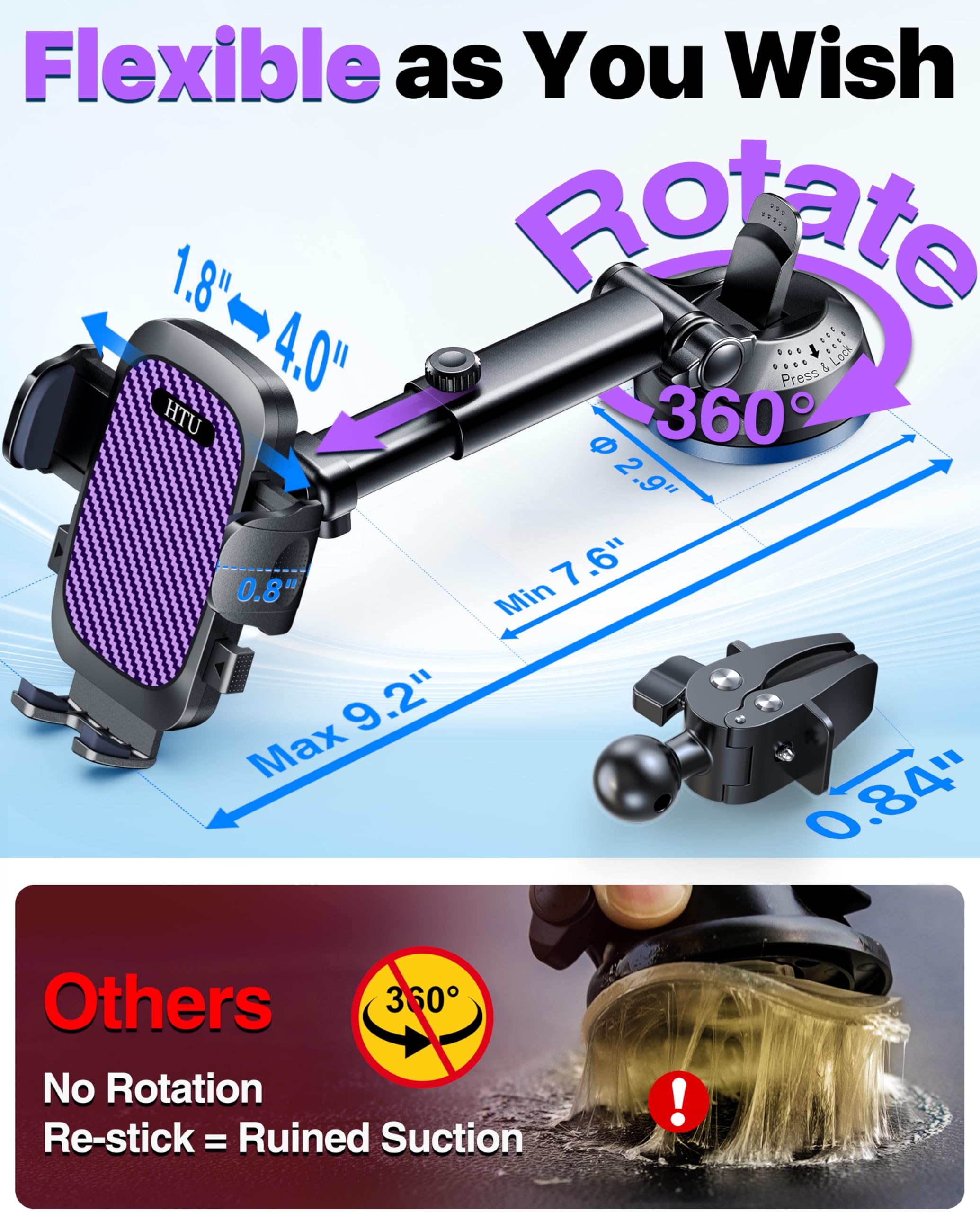 HTU 2026 Best Car Phone Holder 【Ultimate 5-in-1 & Upgraded 100+LBS Strongest Suction】【True Military-Grade & Safety Cert】 360° Windshield Dashboard Vent Mount Stand for iPhone Android & Truck, Black