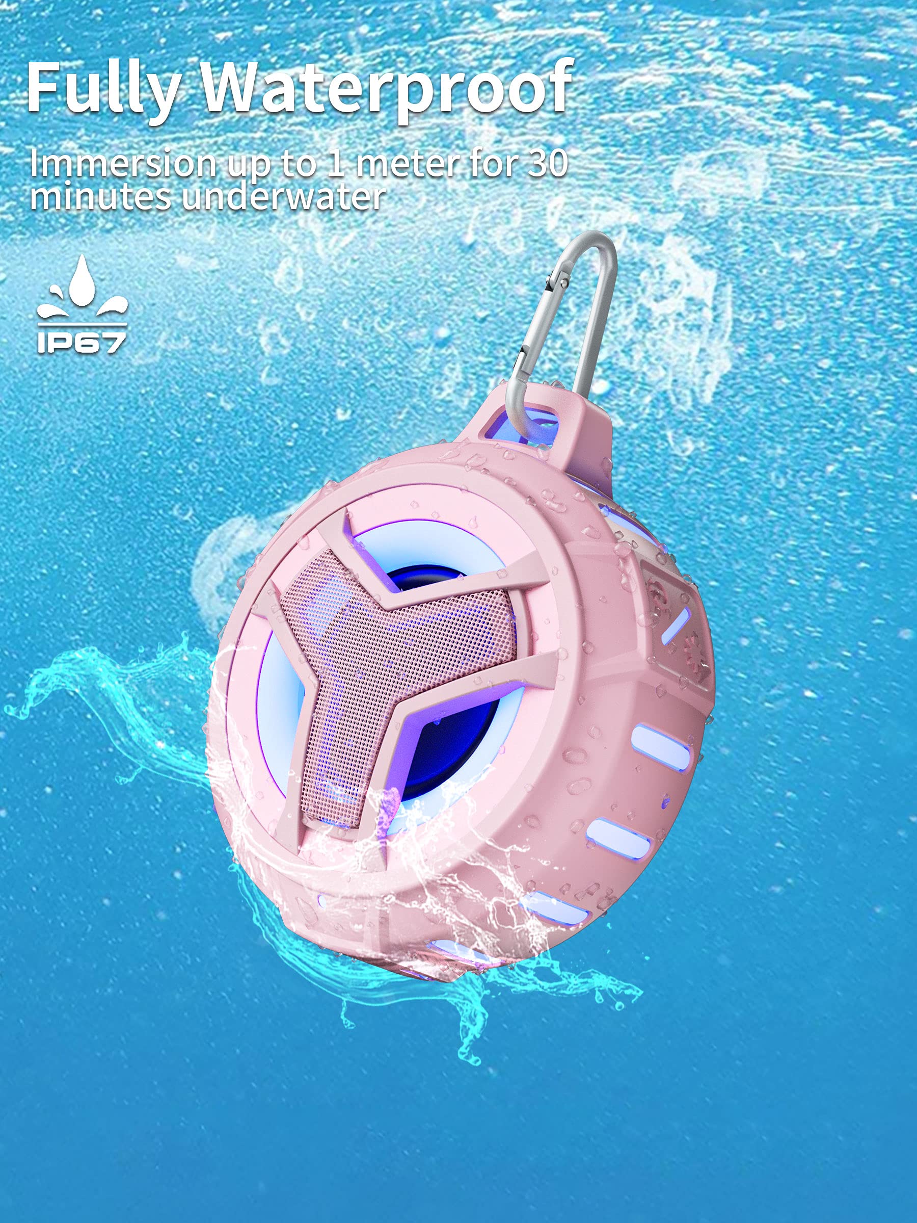 EBODA Bluetooth Shower Speaker, Portable Bluetooth Speakers, IP67 Waterproof Wireless Speaker with LED Light, Floating, 2000mAh, True Wireless Stereo for Kayak, Beach, Gifts for unisex -Black