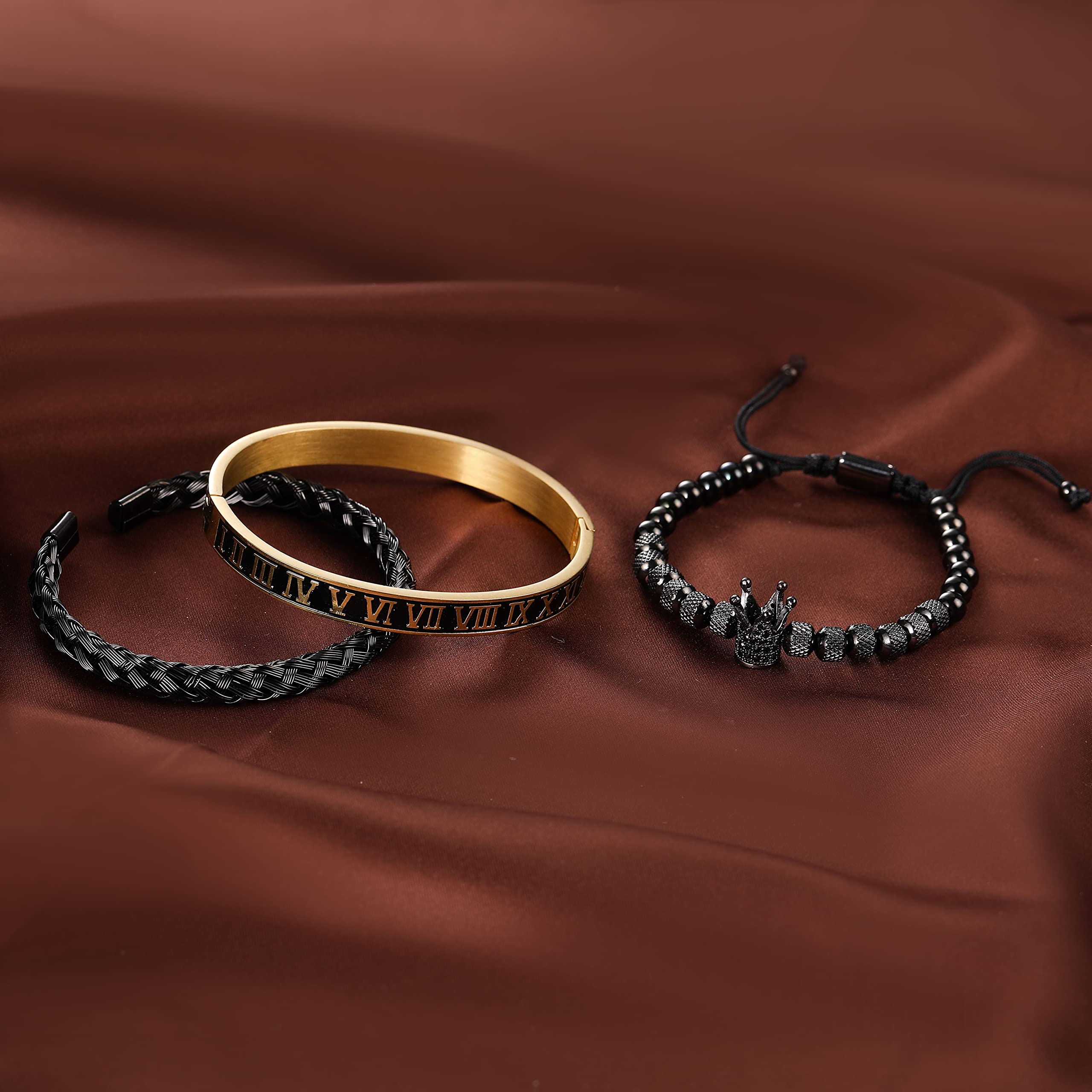 WFYOU 3PCS Stainless Steel Bracelets for Men Gold Roman Numeral Bangle Bracelet Twisted Cable Bracelet Adjustable Cuff Bracelet Mens Luxury Jewelry Bracelets Gifts