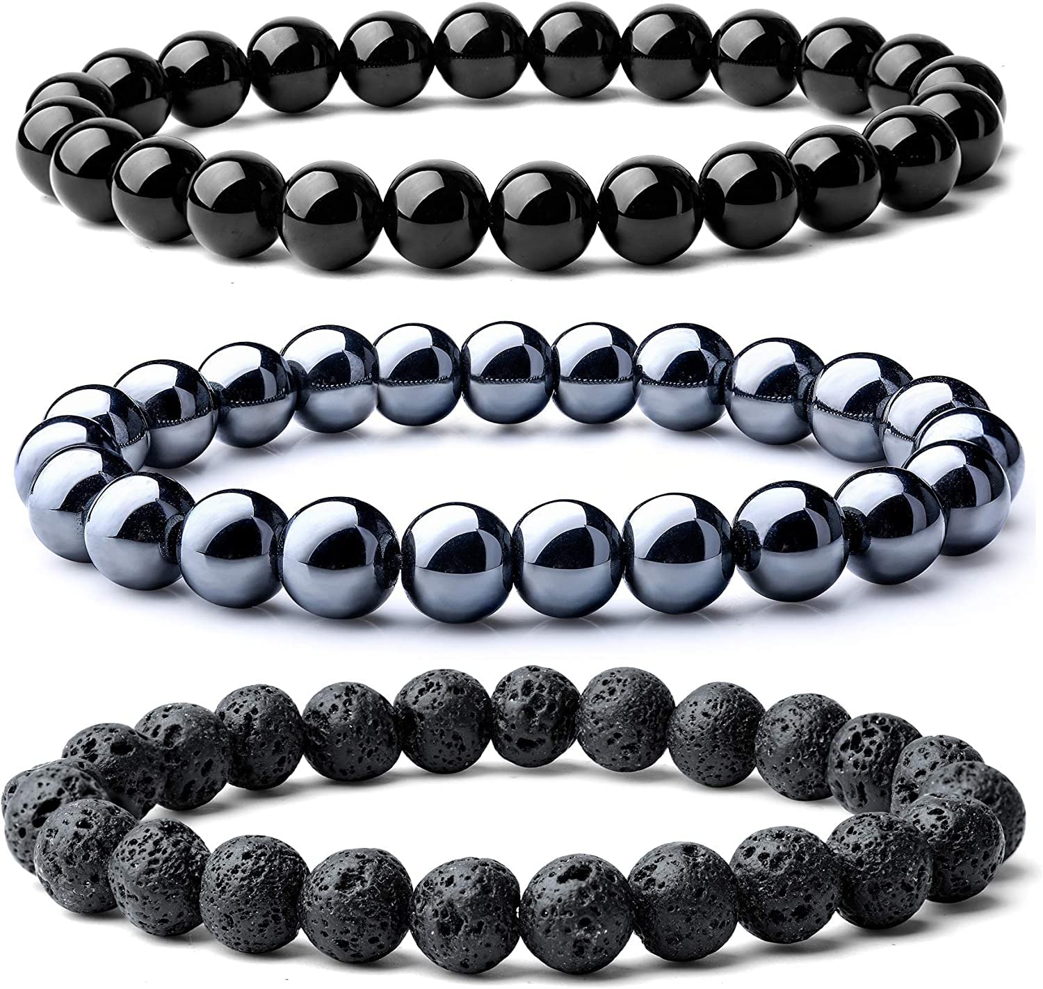 WFJ Black Obsidian Hematite Triple Protection Bracelets Set - Tiger Eye Beaded Natural Stone Bracelet for Men Women Gemstone (10MM)