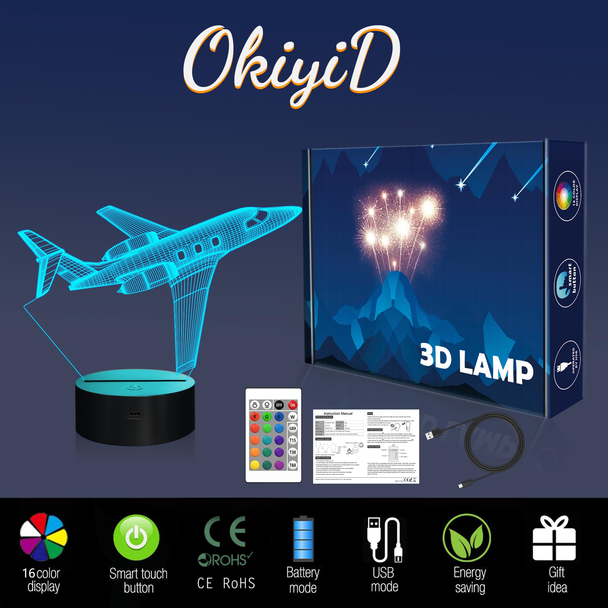 Airplane Gifts for Boy, Men, Aircraft Night Light, Gulfstream 3D Illusion Lamp with Remote and Touch Control, Plane Decor for Men Boy Kids Room, Birthday Gifts