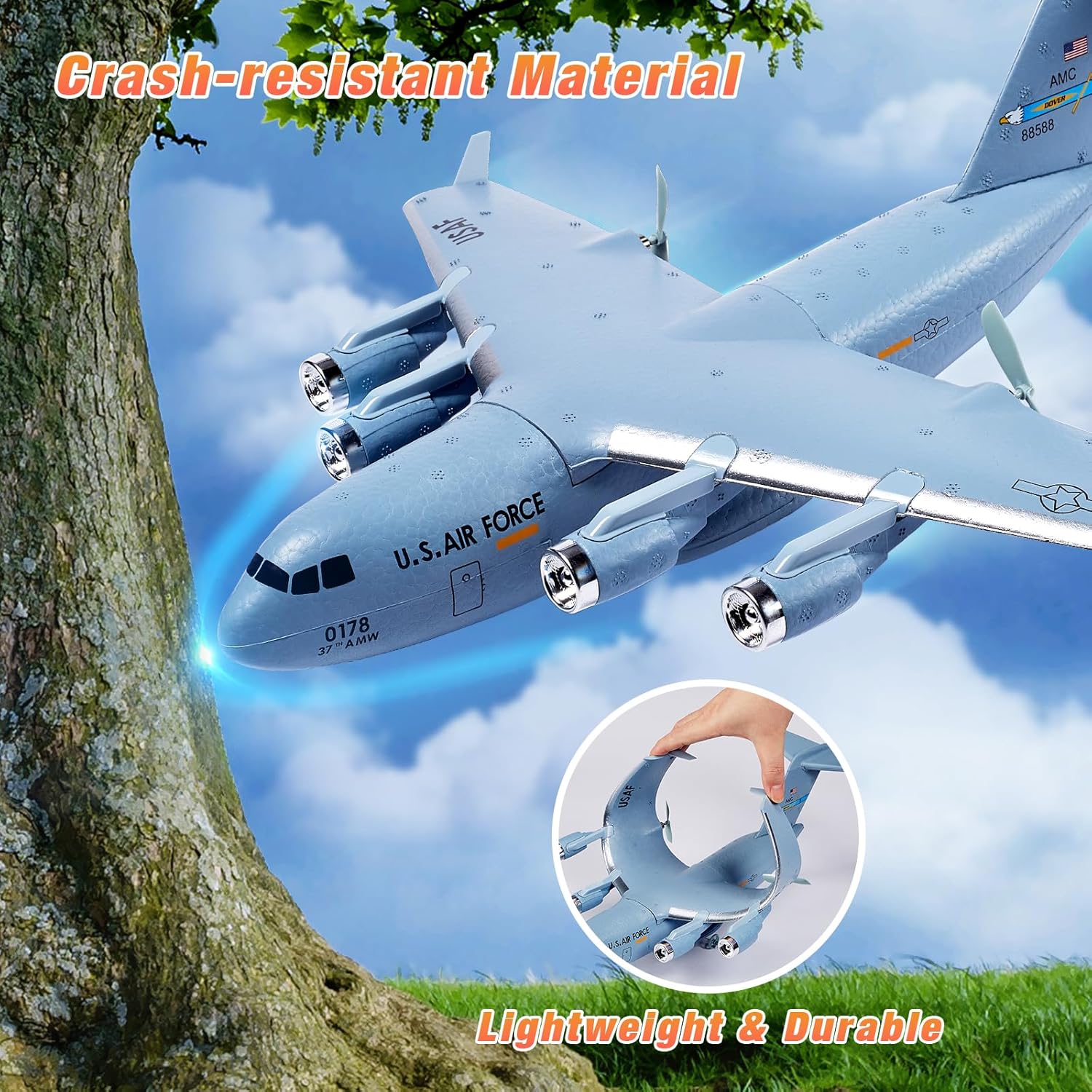 RC Airplane, 2CH RC Plane Ready to Fly, 2.4GHz C-17 Remote Control Airplane with 6-axis Gyro Stabilizer Globemaster III Military Transport Aircraft for Beginners Boys Kids Adults Patent Pending