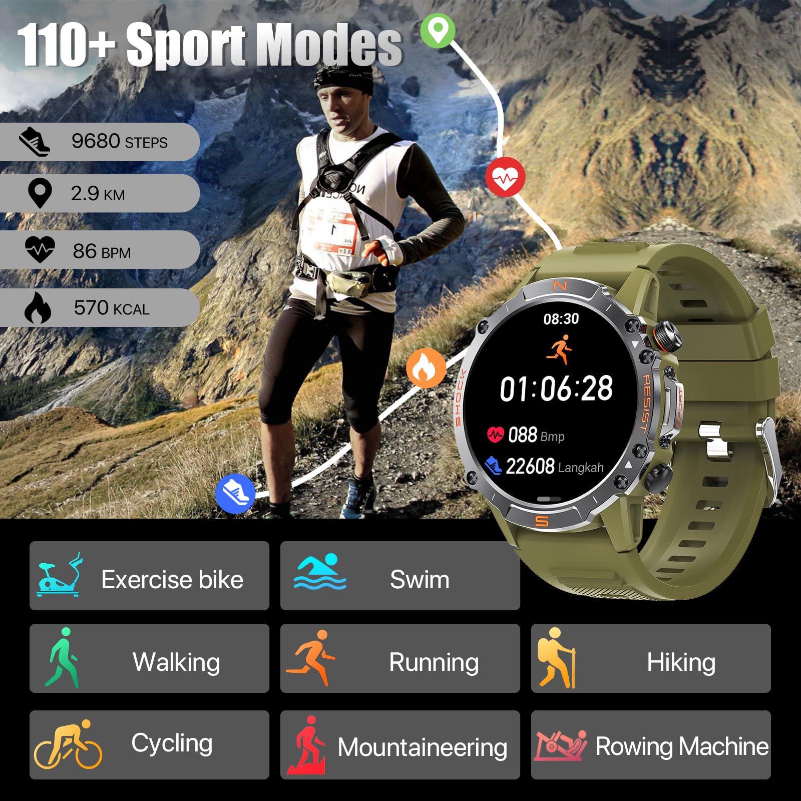 WalkerFit Smart Watch for Men, 1.43" Round AMOLED, 5ATM Waterproof, Heart Rate & Sleep Monitor,Long Battery,Outdoor Fitness Activity Tracker,Voice Control&Bluetooth Call,Compatible with iPhone Android