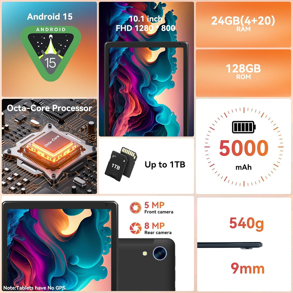 Tablet,10.1" Android Tablet with Octa-core Processor 24GB RAM 128GB ROM HD IPS Touchscreen 8H Battery, Wi-Fi 6, BT 5.0, Dual Camera, Android 15 Tablets 2025