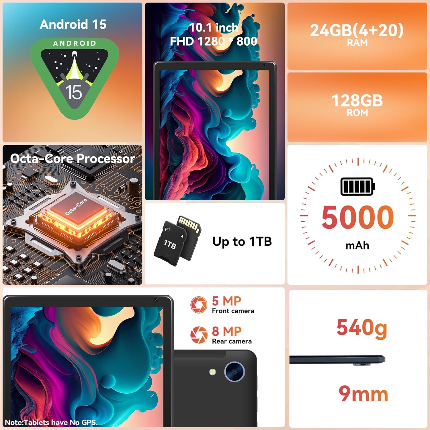 Tablet,10.1" Android Tablet with Octa-core Processor 24GB RAM 128GB ROM HD IPS Touchscreen 8H Battery, Wi-Fi 6, BT 5.0, Dual Camera, Android 15 Tablets 2025