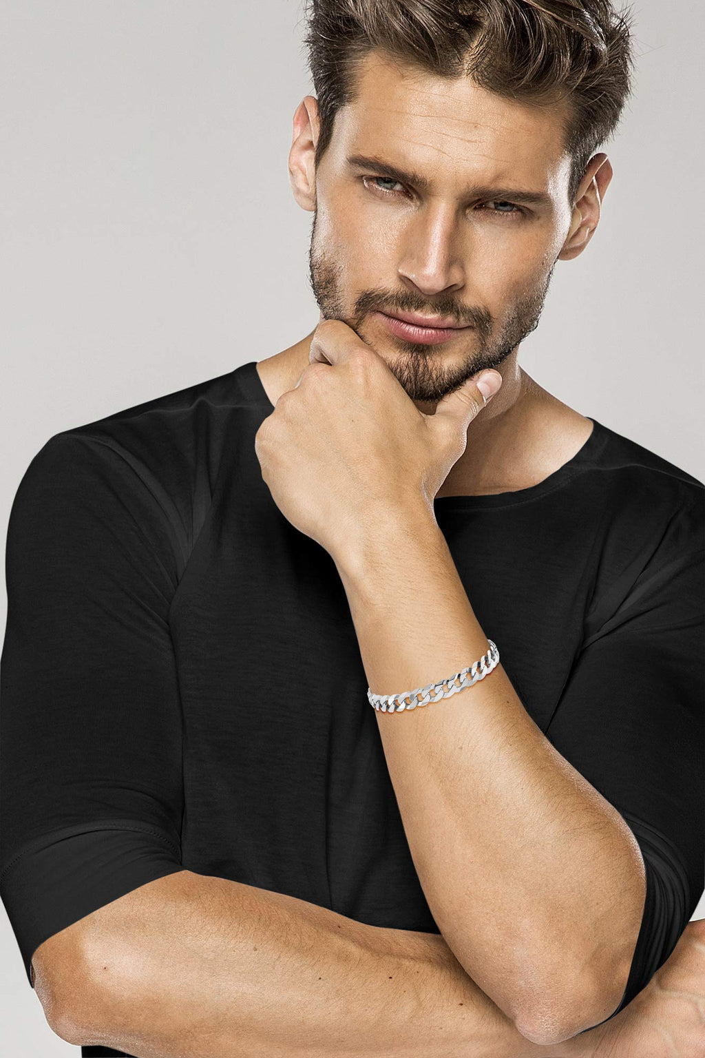 Miabella Italian 925 Sterling Silver Solid 9mm Diamond-Cut Cuban Link Curb Chain Bracelet for Men, Made in Italy