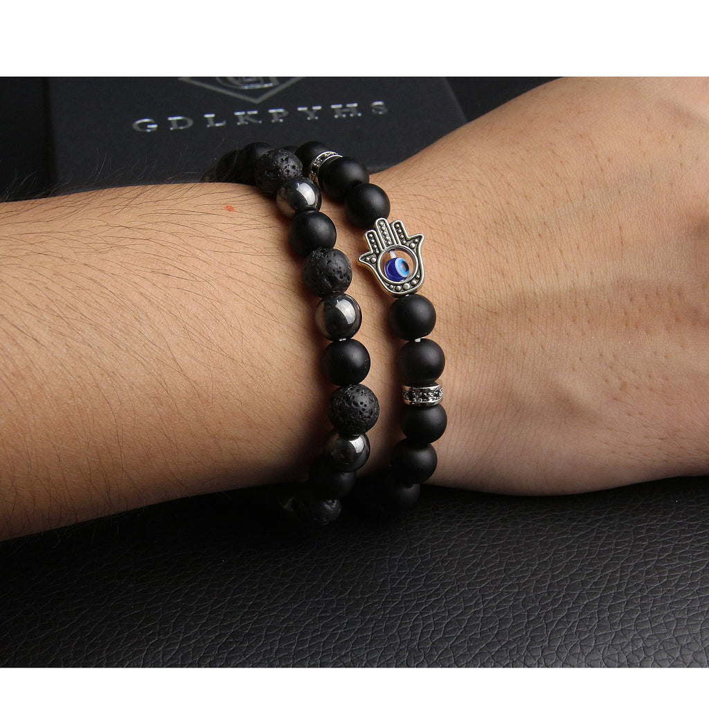 Black Obsidian Bracelet for Men - Black Tourmaline Beaded Bracelets - Mens Bracelet Set 8MM Black Onyx Hematite Lava Stone Beads Triple Protection Bracelet for Men Women Gifts