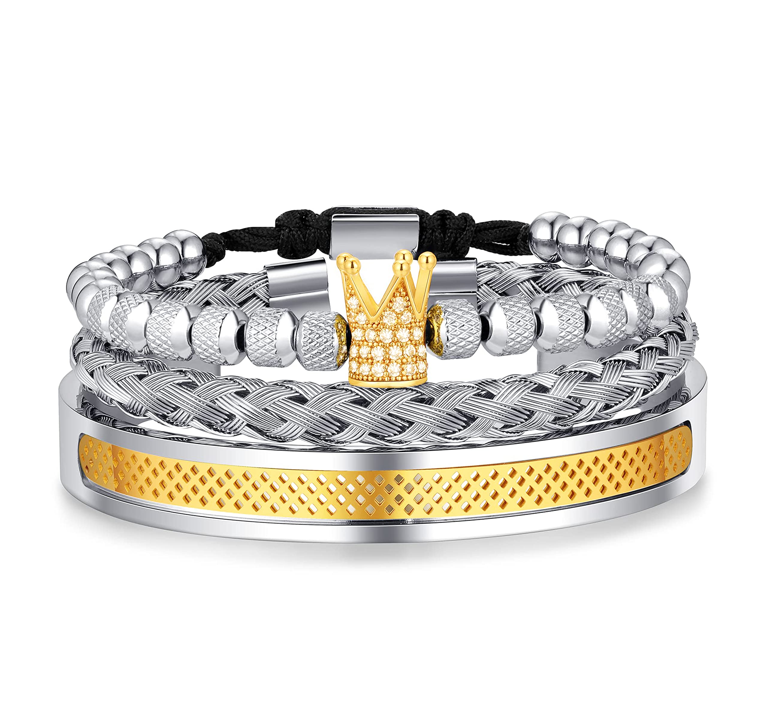 WFYOU 3PCS Stainless Steel Bracelets for Men Gold Roman Numeral Bangle Bracelet Twisted Cable Bracelet Adjustable Cuff Bracelet Mens Luxury Jewelry Bracelets Gifts