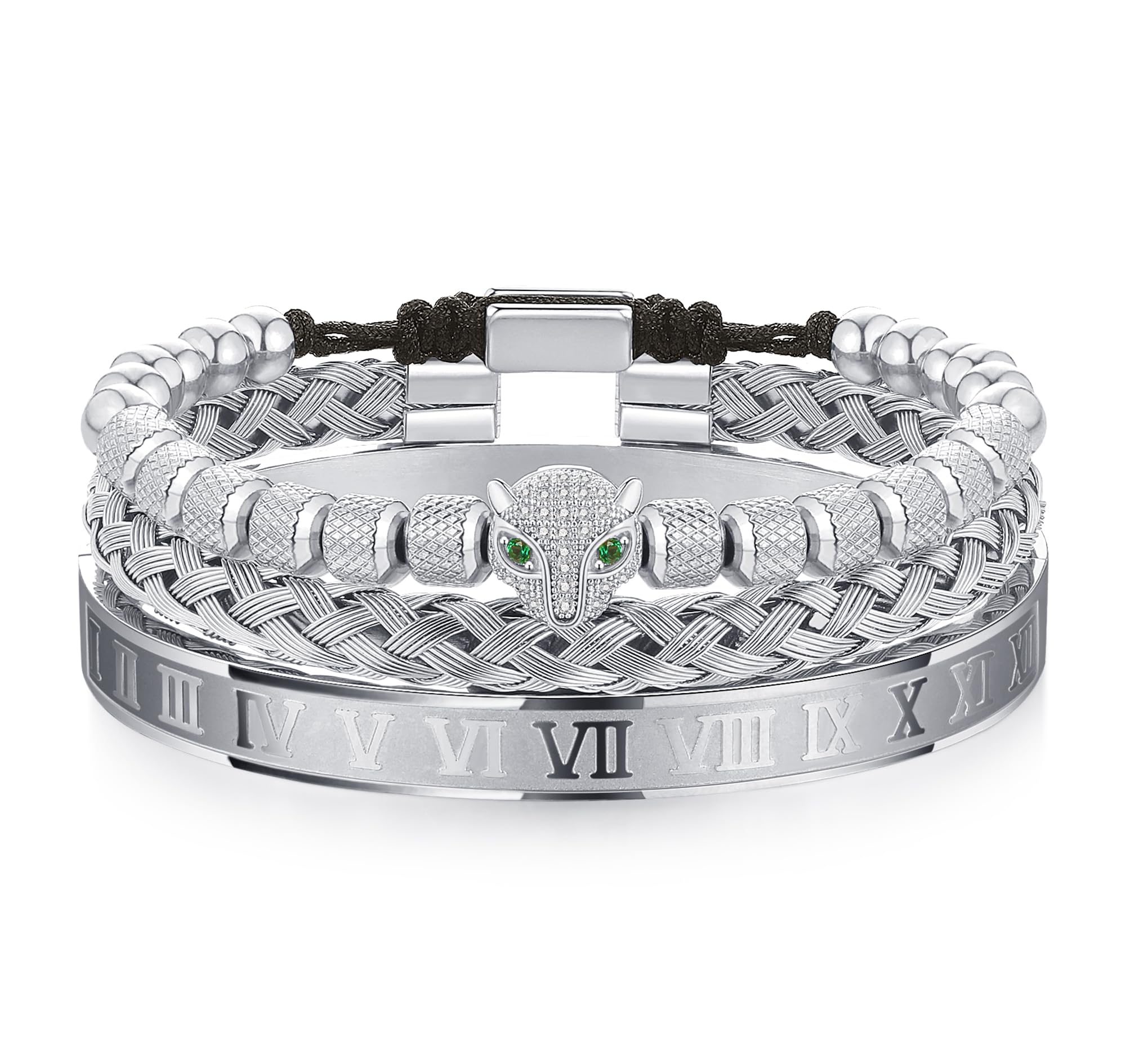 WFYOU 3PCS Stainless Steel Bracelets for Men Gold Roman Numeral Bangle Bracelet Twisted Cable Bracelet Adjustable Cuff Bracelet Mens Luxury Jewelry Bracelets Gifts