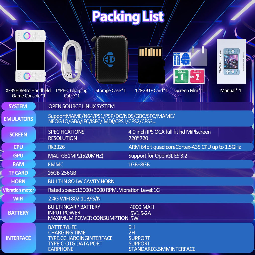 Upgraded XF40H Handheld Game Console, Retro Gaming Console Preloaded Classic Games with Multiple Emulators, 4.0 Inch 4K HD IPS Screen Open Source Linux System, Pocket Video Gaming (Black-128G)