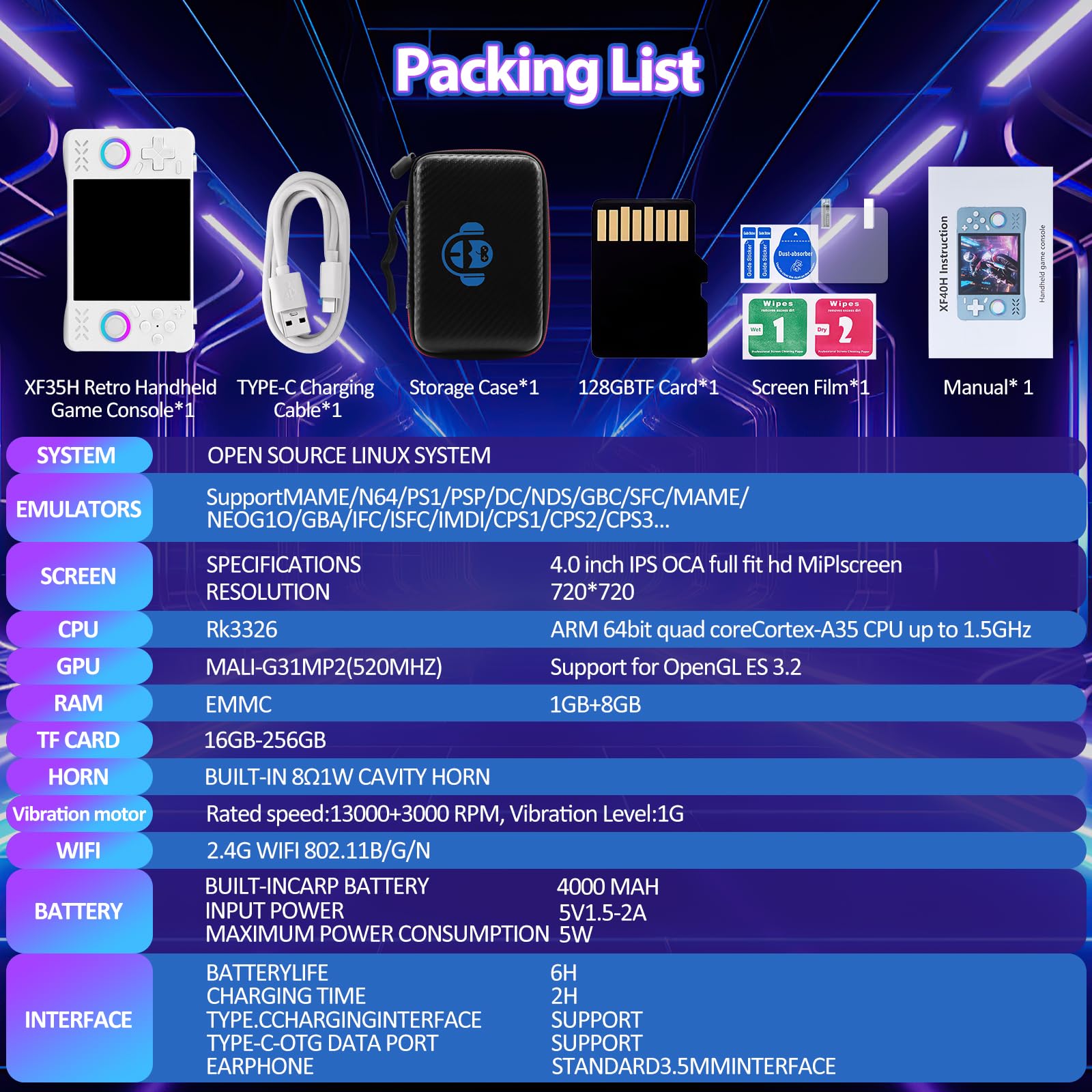 Upgraded XF40H Handheld Game Console, Retro Gaming Console Preloaded Classic Games with Multiple Emulators, 4.0 Inch 4K HD IPS Screen Open Source Linux System, Pocket Video Gaming (Black-128G)