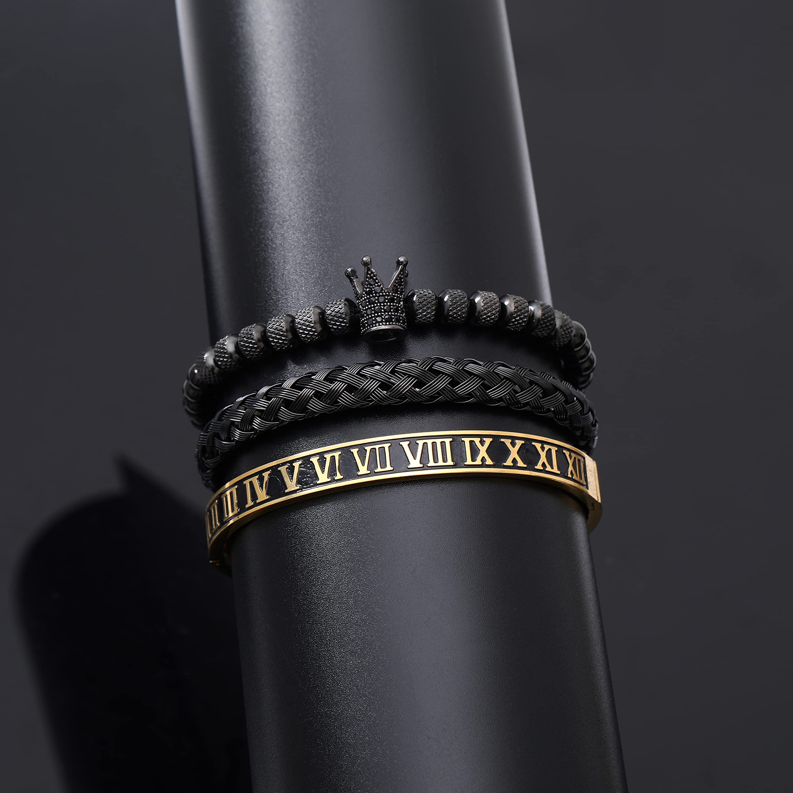 WFYOU 3PCS Stainless Steel Bracelets for Men Gold Roman Numeral Bangle Bracelet Twisted Cable Bracelet Adjustable Cuff Bracelet Mens Luxury Jewelry Bracelets Gifts