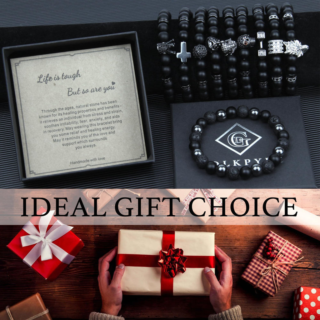 Black Obsidian Bracelet for Men - Black Tourmaline Beaded Bracelets - Mens Bracelet Set 8MM Black Onyx Hematite Lava Stone Beads Triple Protection Bracelet for Men Women Gifts