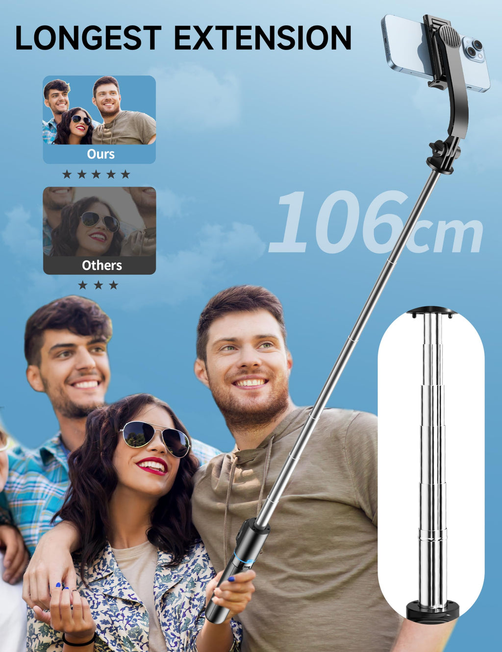 Selfie Stick, 41'' Extendable Phone Tripod Stand with Phone Holder & Detachable Remote, 360° Rotation Selfie Stick Tripod for Cell Phone Compatible with iPhone, Android, Samsung