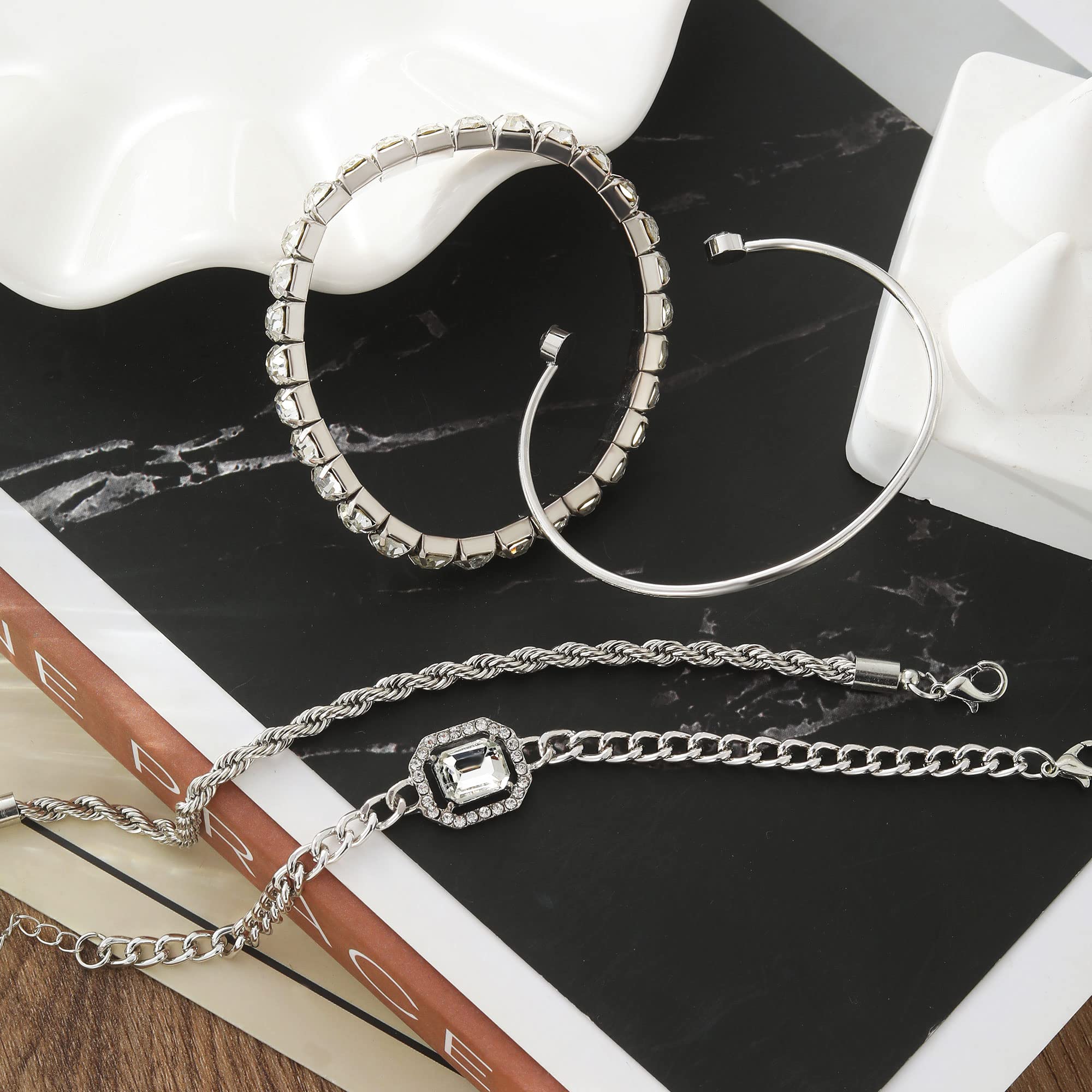 4 Pcs Dainty Gold Silver Bracelets Set for Women 14K Plated Link Cubic Zirconia Paperclip Stake Layering Chain Adjustable Trendy Hand Jewelry