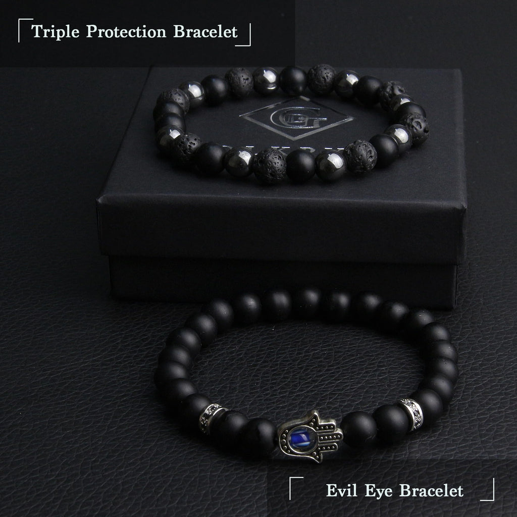 Black Obsidian Bracelet for Men - Black Tourmaline Beaded Bracelets - Mens Bracelet Set 8MM Black Onyx Hematite Lava Stone Beads Triple Protection Bracelet for Men Women Gifts
